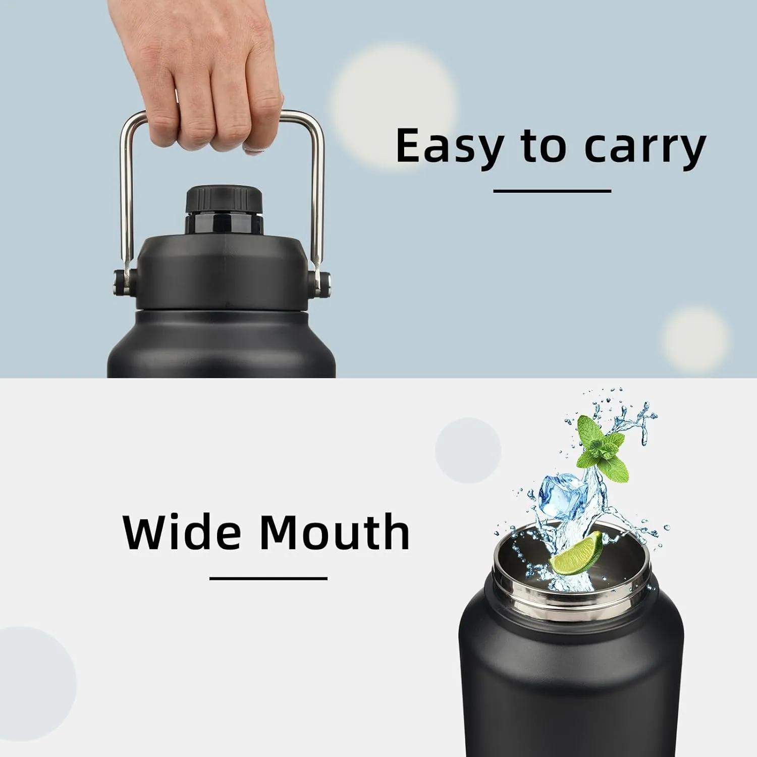 1 Gallon Jug with Handle,128 oz Insulated Water Bottle with Carrying Pouch, Double Wall Vacuum Stainless Steel Metal Bottle,Black