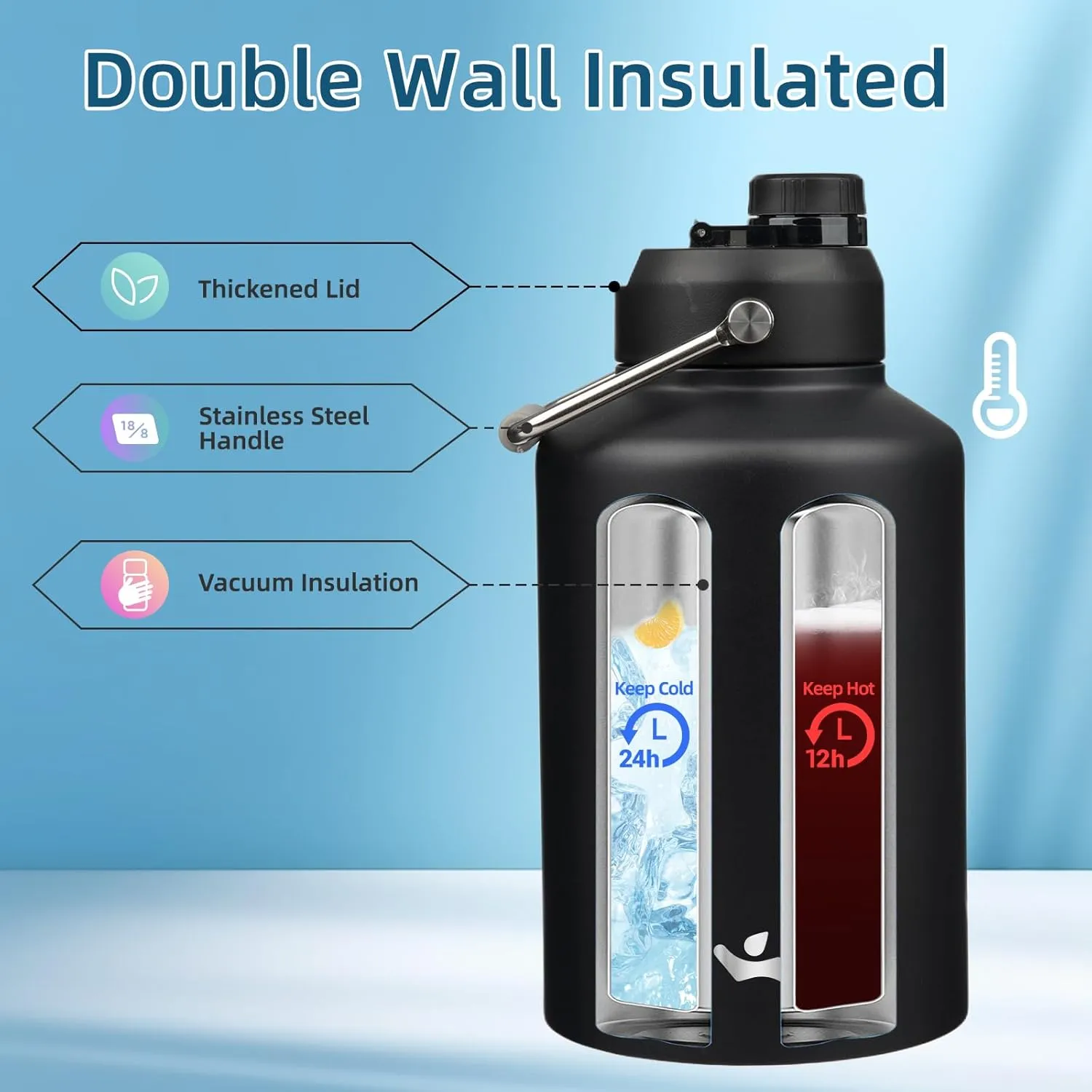 1 Gallon Jug with Handle,128 oz Insulated Water Bottle with Carrying Pouch, Double Wall Vacuum Stainless Steel Metal Bottle,Black