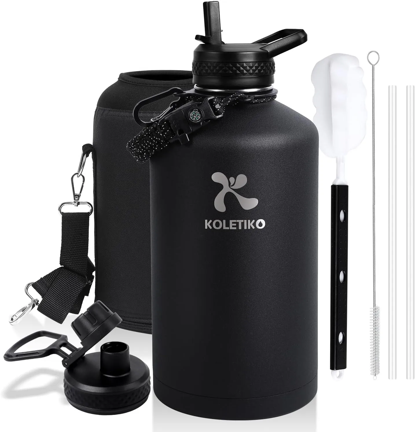 1 Gallon Water Bottle Insulated(COLD for 36 Hrs), Non-BPA & Leak Proof, 128 oz Sports Stainless Steel Water Jug Large with Paracord Handle, Straw & Spout Lid, Magic Black