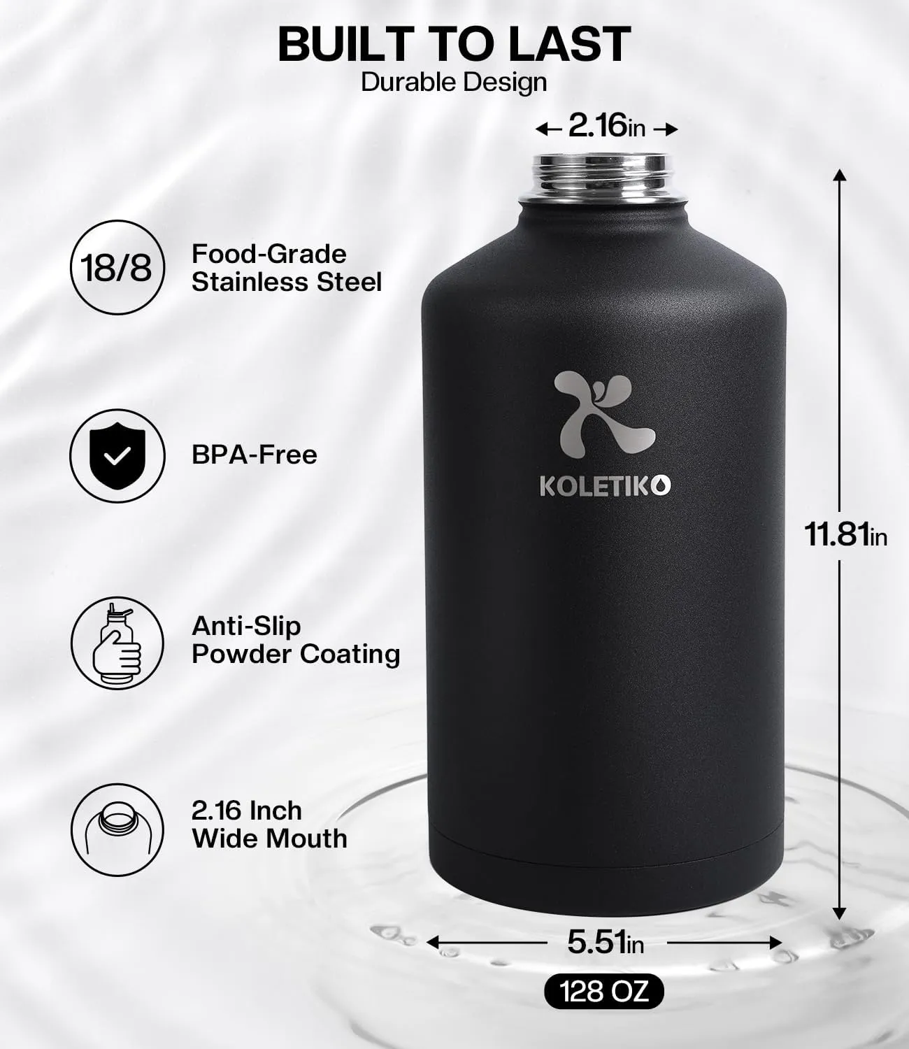 1 Gallon Water Bottle Insulated(COLD for 36 Hrs), Non-BPA & Leak Proof, 128 oz Sports Stainless Steel Water Jug Large with Paracord Handle, Straw & Spout Lid, Magic Black