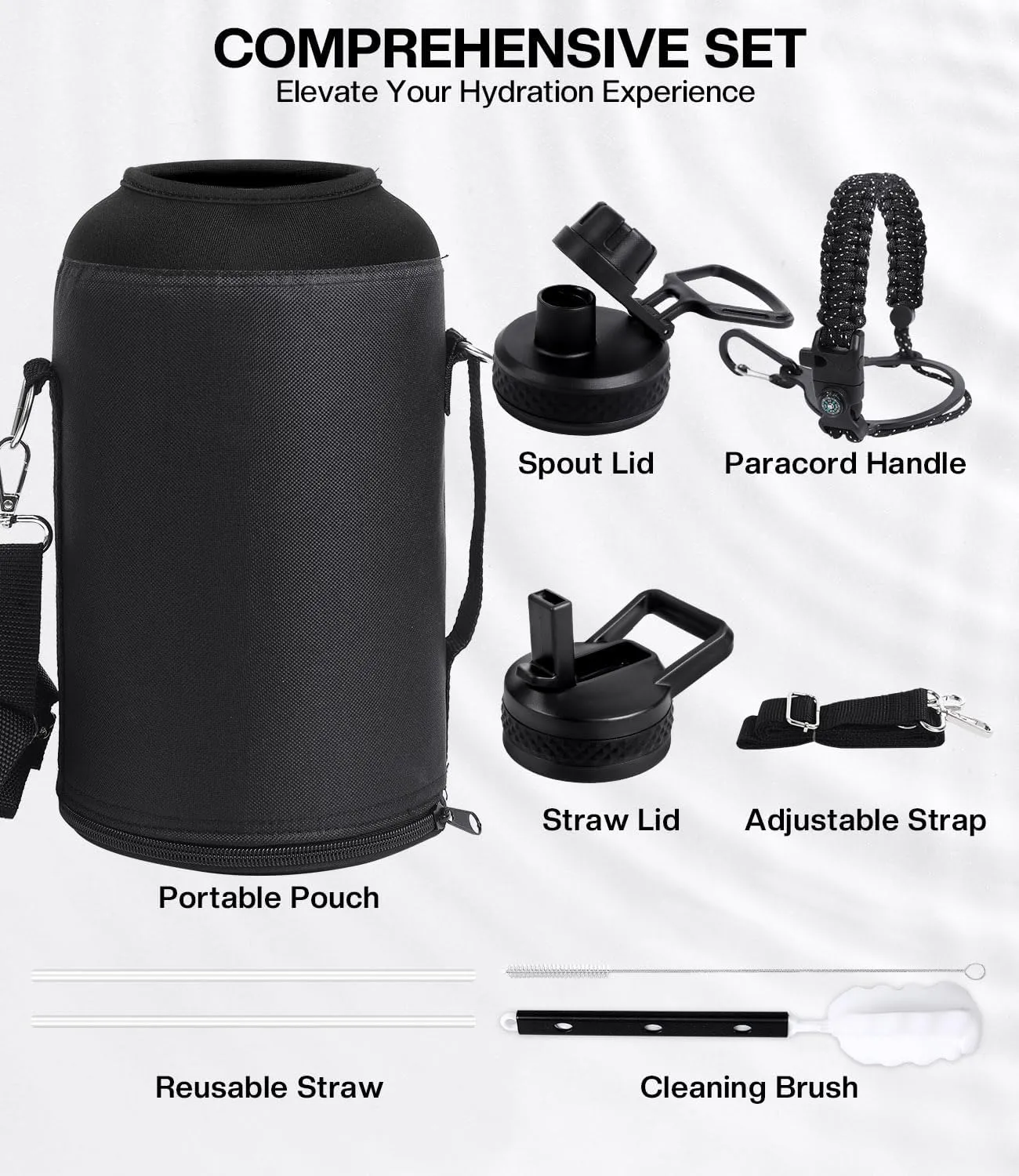 1 Gallon Water Bottle Insulated(COLD for 36 Hrs), Non-BPA & Leak Proof, 128 oz Sports Stainless Steel Water Jug Large with Paracord Handle, Straw & Spout Lid, Magic Black