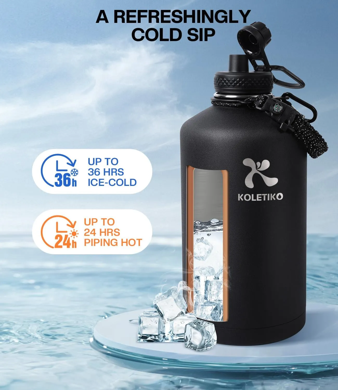 1 Gallon Water Bottle Insulated(COLD for 36 Hrs), Non-BPA & Leak Proof, 128 oz Sports Stainless Steel Water Jug Large with Paracord Handle, Straw & Spout Lid, Magic Black