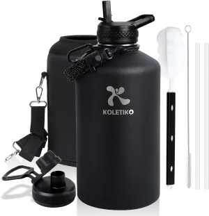 1 Gallon Water Bottle Insulated(COLD for 36 Hrs), Non-BPA & Leak Proof, 128 oz Sports Stainless Steel Water Jug Large with Paracord Handle, Straw & Spout Lid, Magic Black