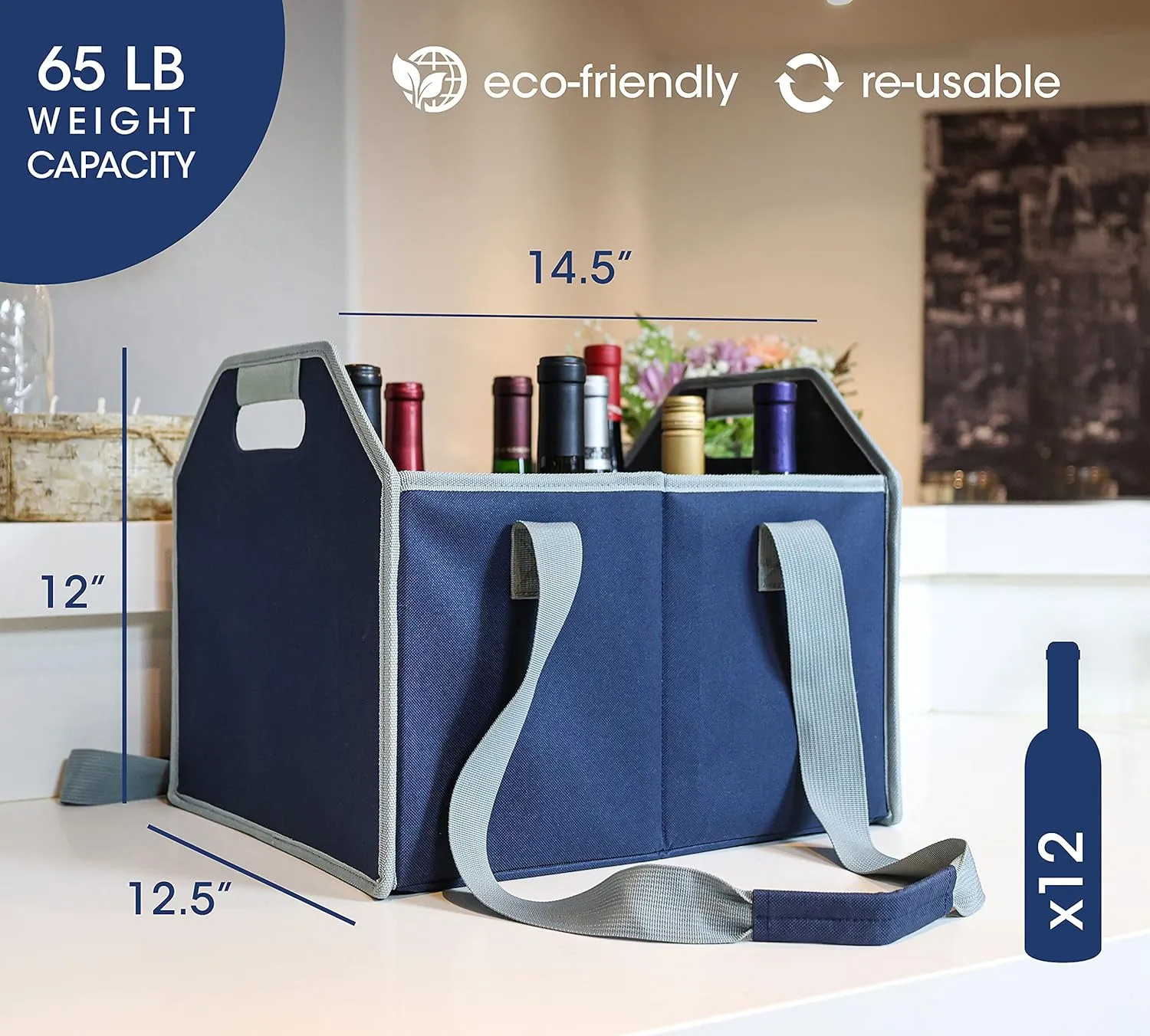 12 Bottle Wine Carrier Bag Collapsible Reusable with Strap for Liquor Champagne Beer Glasses Storage Shopping Travel (Navy Blue)