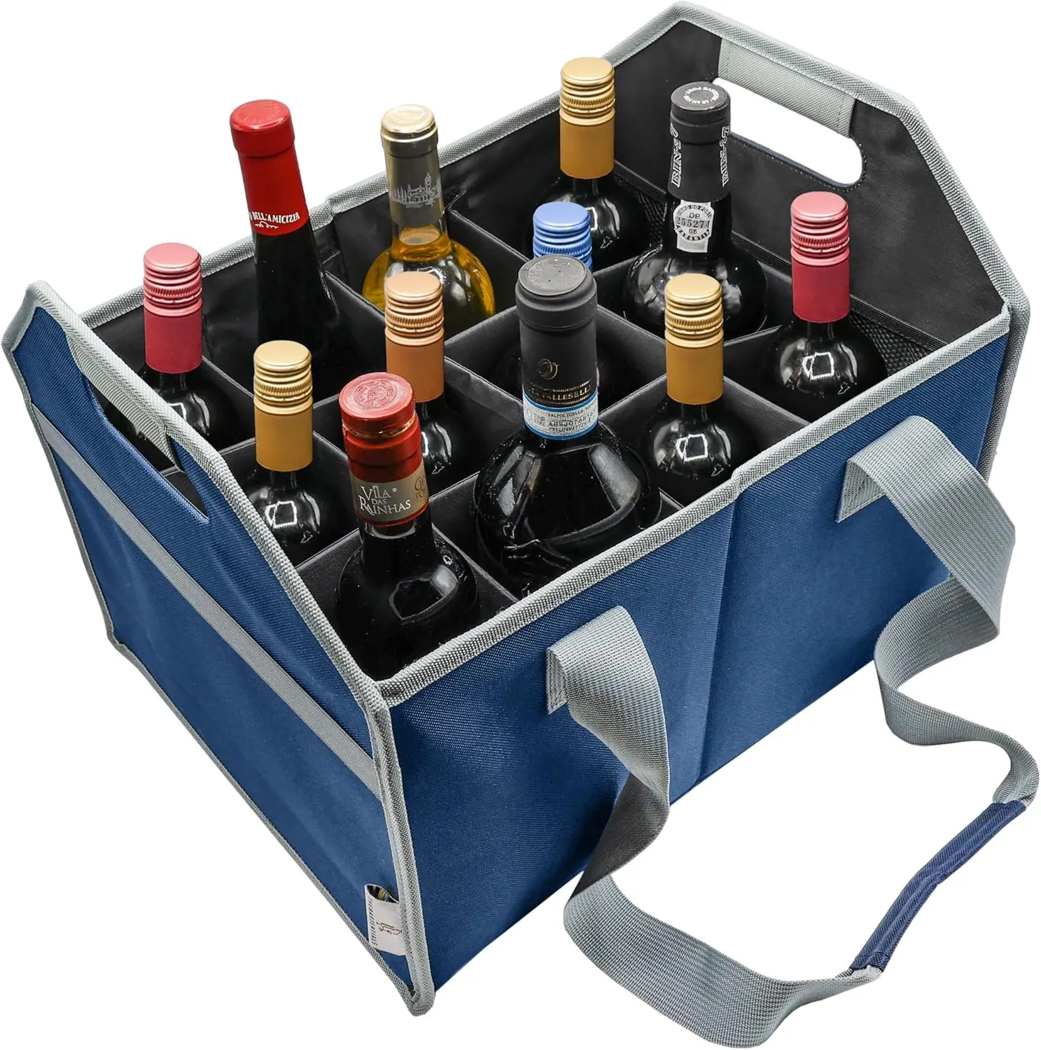 12 Bottle Wine Carrier Bag Collapsible Reusable with Strap for Liquor Champagne Beer Glasses Storage Shopping Travel (Navy Blue)