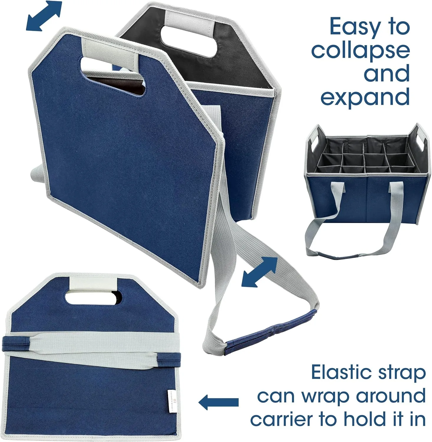 12 Bottle Wine Carrier Bag Collapsible Reusable with Strap for Liquor Champagne Beer Glasses Storage Shopping Travel (Navy Blue)