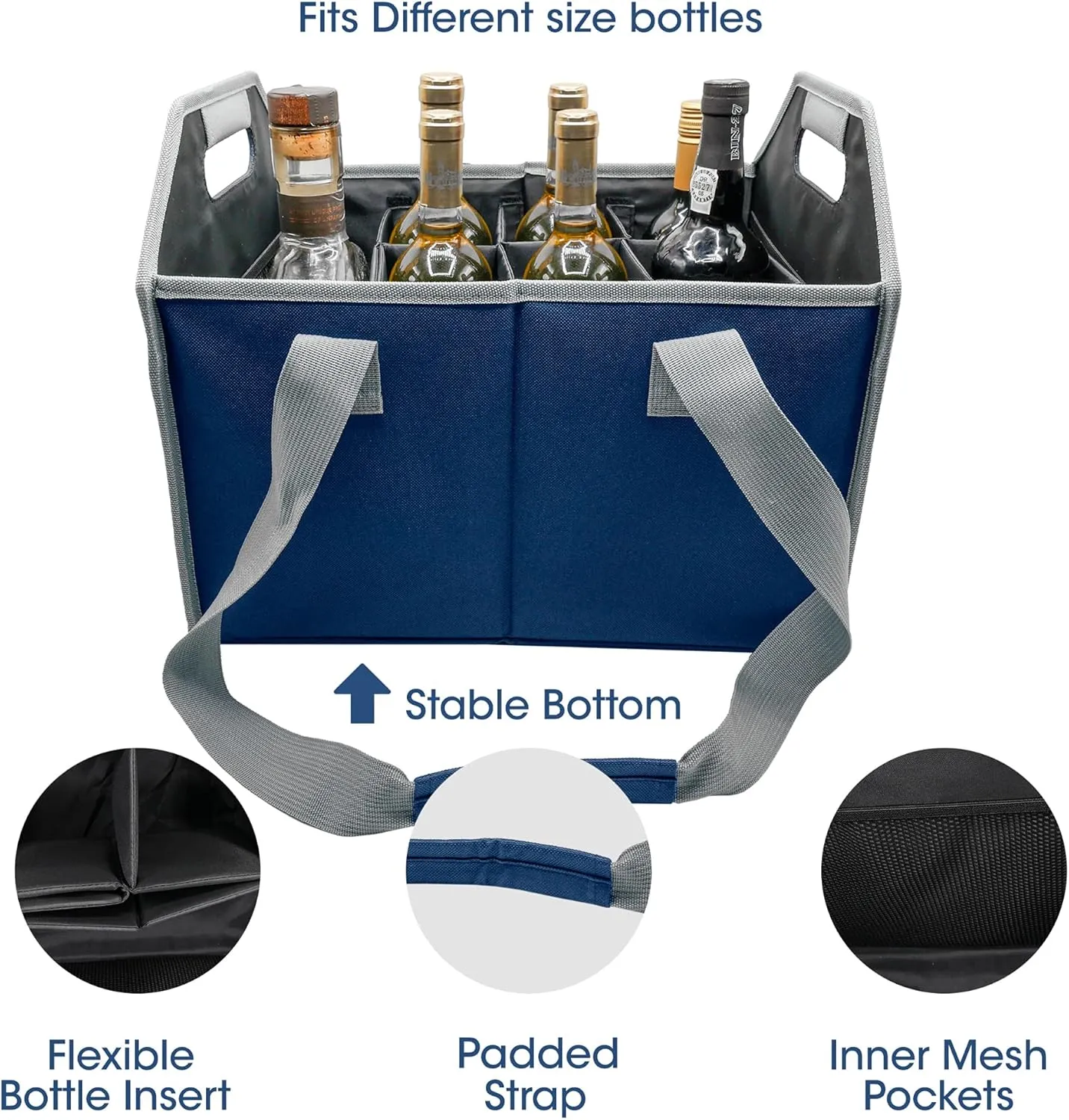 12 Bottle Wine Carrier Bag Collapsible Reusable with Strap for Liquor Champagne Beer Glasses Storage Shopping Travel (Navy Blue)