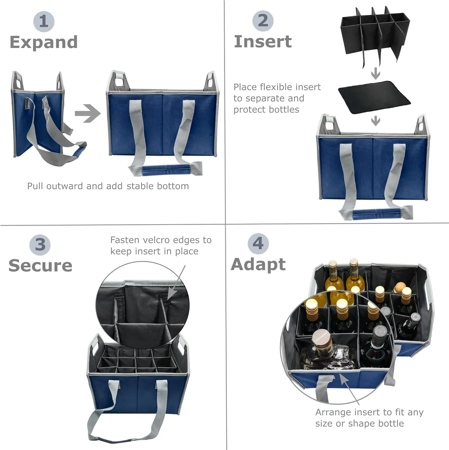 12 Bottle Wine Carrier Bag Collapsible Reusable with Strap for Liquor Champagne Beer Glasses Storage Shopping Travel (Navy Blue)