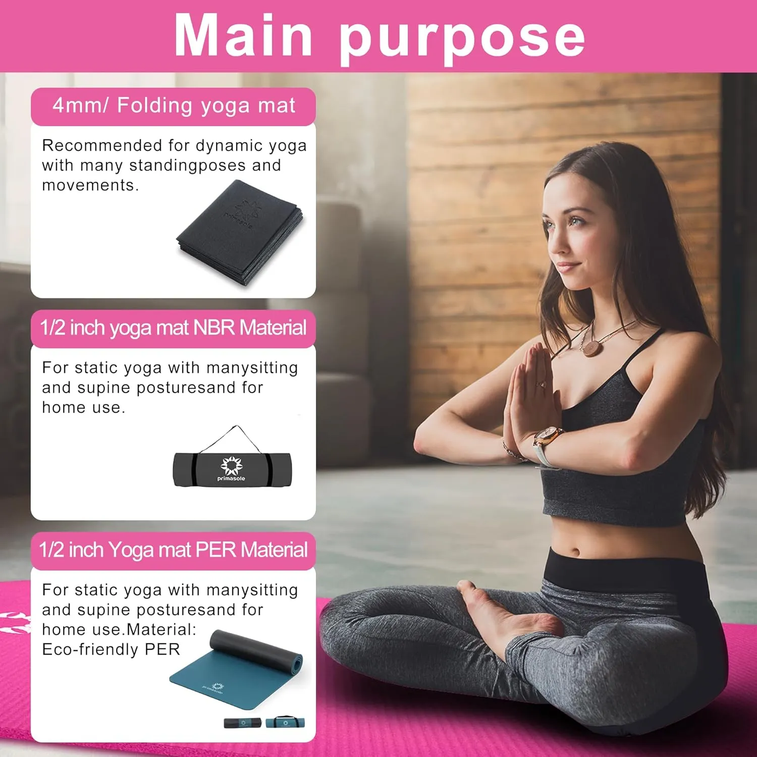 1/2 Thick Exercise Mat with Carry Strap & Case Mat for Yoga Pilates Fitness at Home and Gym 72" L x 24" W