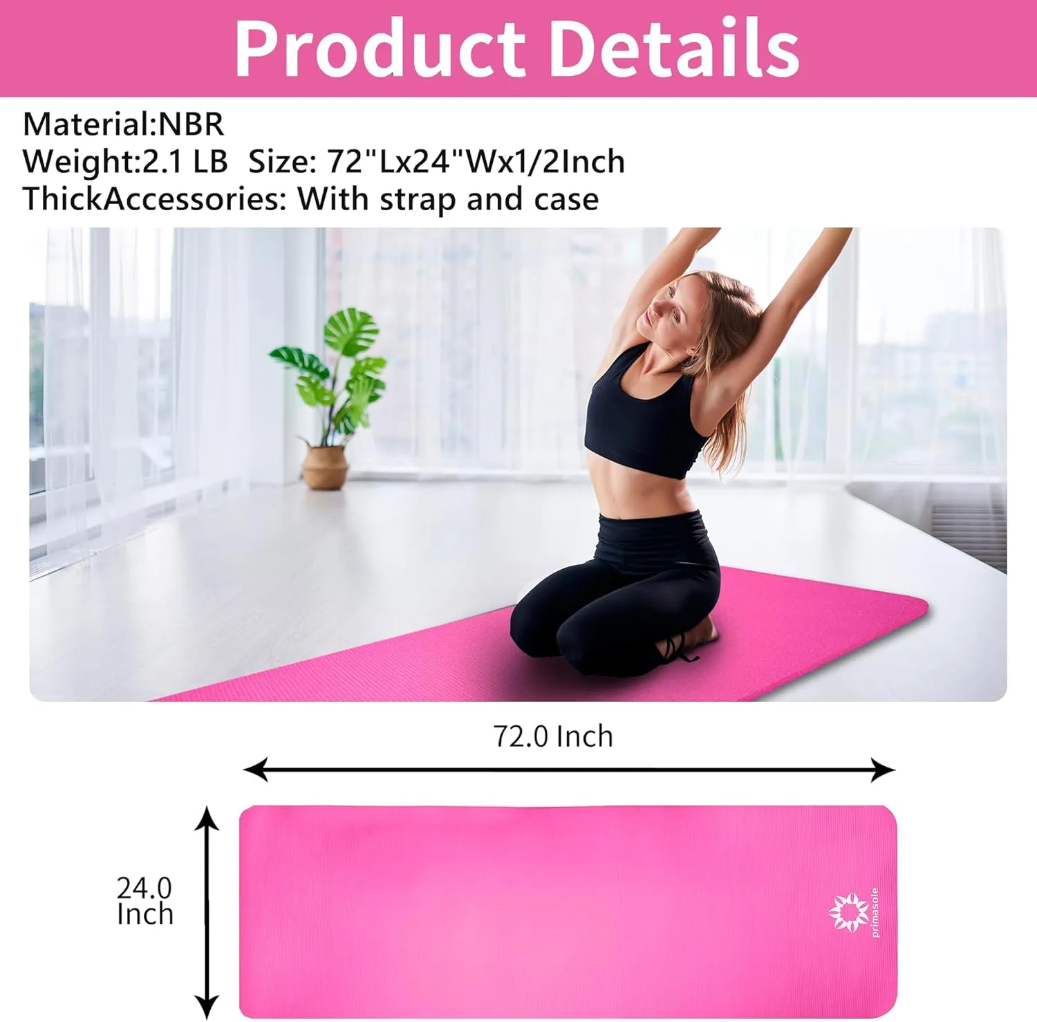 1/2 Thick Exercise Mat with Carry Strap & Case Mat for Yoga Pilates Fitness at Home and Gym 72" L x 24" W