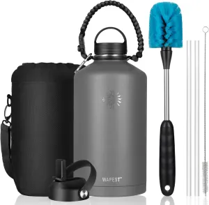 128 oz Water Bottle with Paracord Handle & Bottle Brush - Large Stainless Steel Water Bottle with Carrying Pouch & 2 Lids - Double Wall Vacuum Water Jug for Sport Gym Camping, Graphite