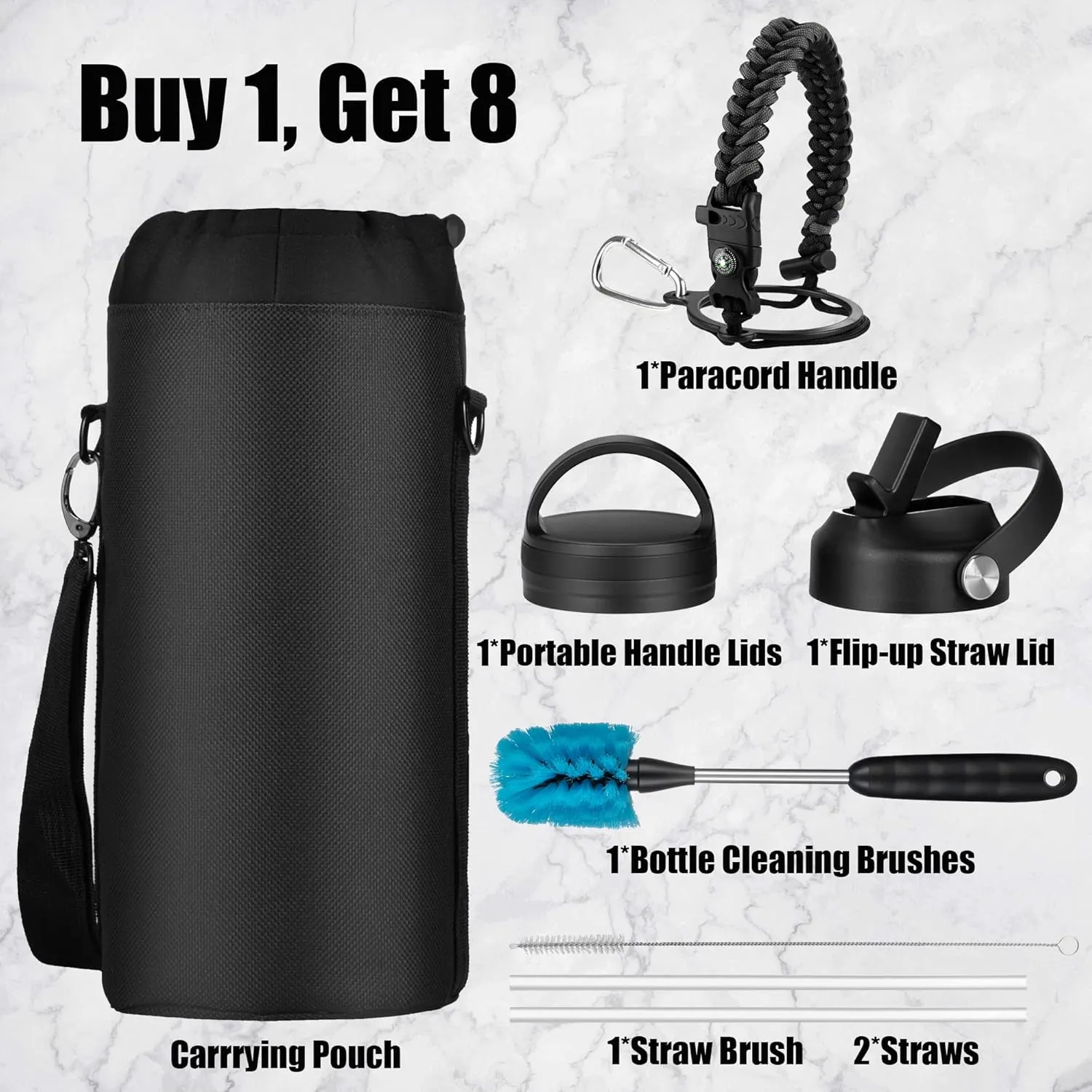 128 oz Water Bottle with Paracord Handle & Bottle Brush - Large Stainless Steel Water Bottle with Carrying Pouch & 2 Lids - Double Wall Vacuum Water Jug for Sport Gym Camping, Graphite