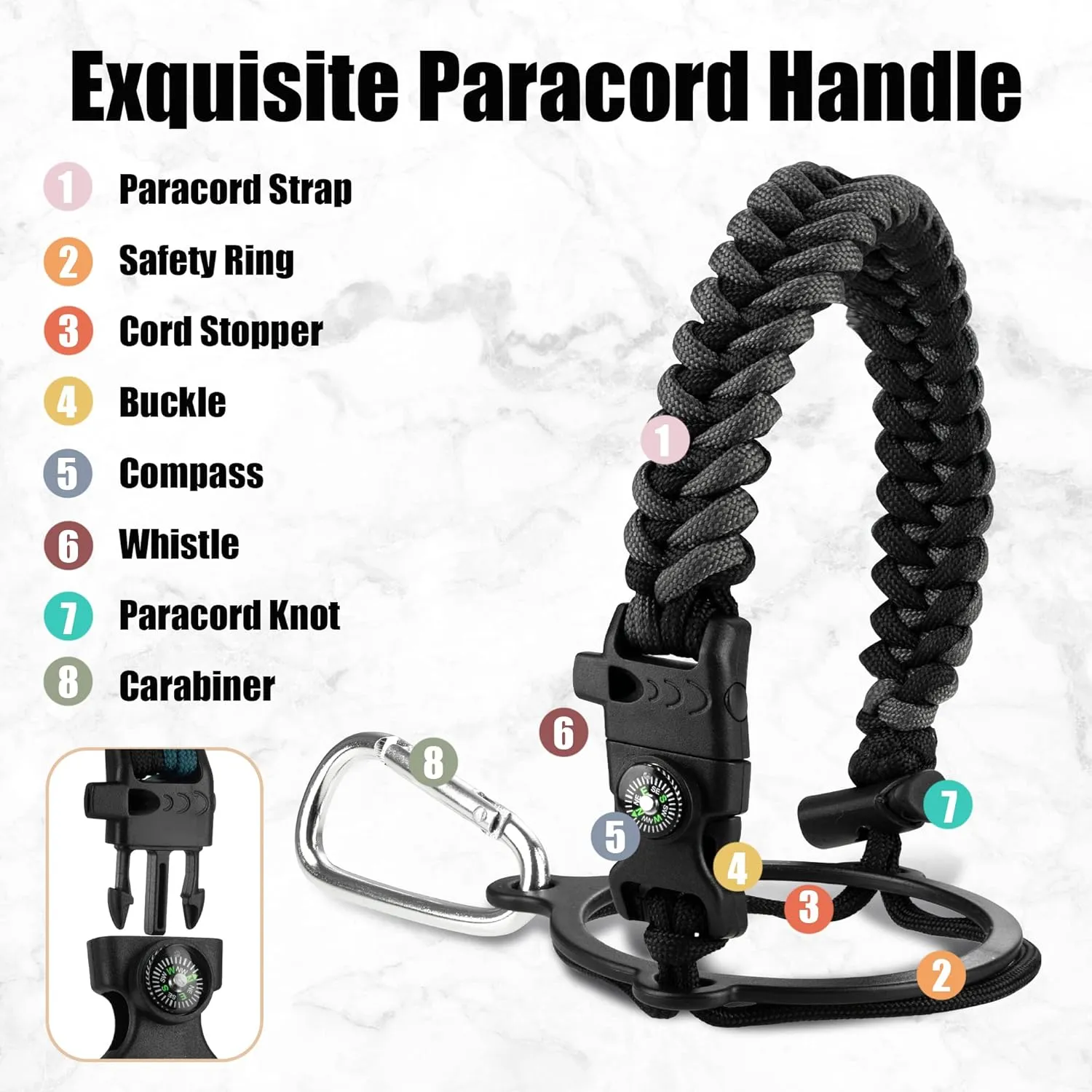 128 oz Water Bottle with Paracord Handle & Bottle Brush - Large Stainless Steel Water Bottle with Carrying Pouch & 2 Lids - Double Wall Vacuum Water Jug for Sport Gym Camping, Graphite