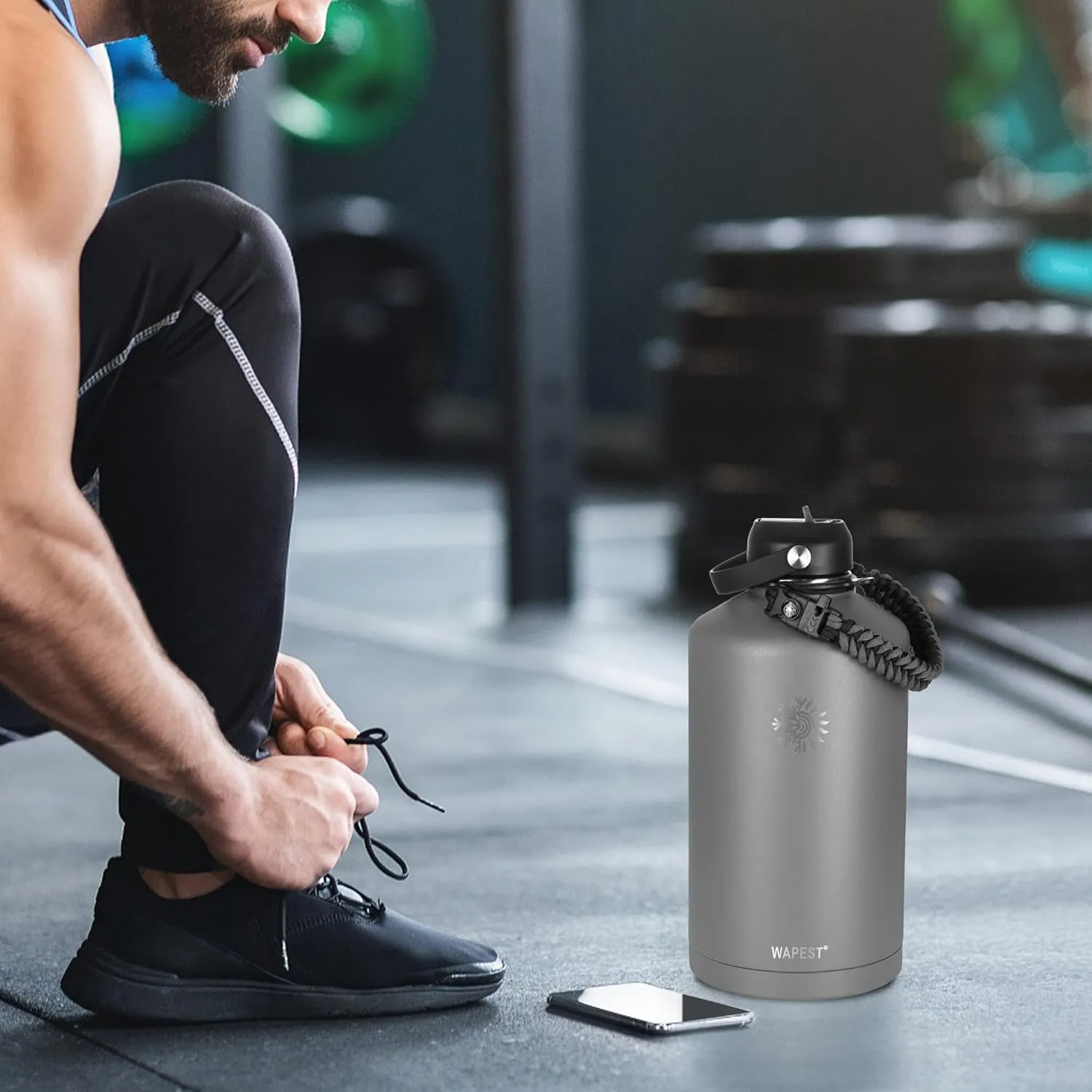 128 oz Water Bottle with Paracord Handle & Bottle Brush - Large Stainless Steel Water Bottle with Carrying Pouch & 2 Lids - Double Wall Vacuum Water Jug for Sport Gym Camping, Graphite