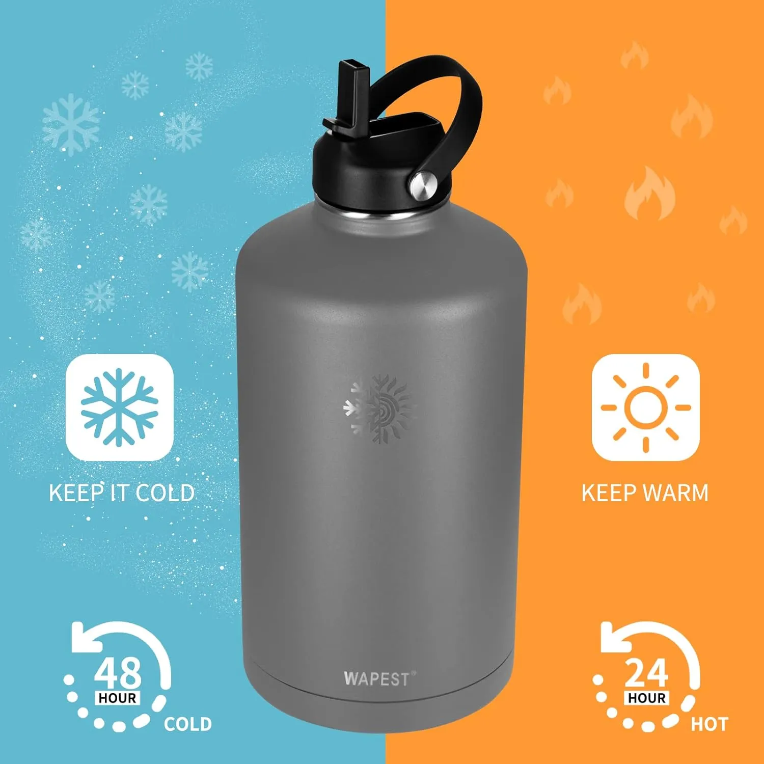 128 oz Water Bottle with Paracord Handle & Bottle Brush - Large Stainless Steel Water Bottle with Carrying Pouch & 2 Lids - Double Wall Vacuum Water Jug for Sport Gym Camping, Graphite