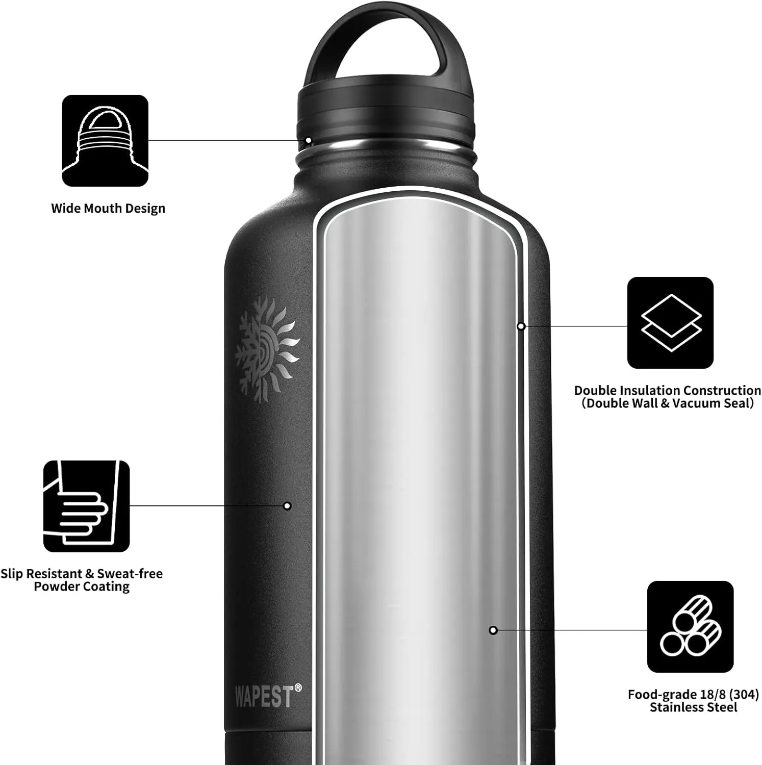 128 oz Water Bottle with Paracord Handle & Bottle Brush - Large Stainless Steel Water Bottle with Carrying Pouch & 2 Lids - Double Wall Vacuum Water Jug for Sport Gym Camping, Graphite