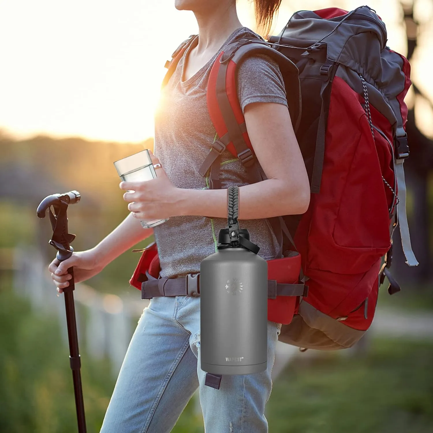 128 oz Water Bottle with Paracord Handle & Bottle Brush - Large Stainless Steel Water Bottle with Carrying Pouch & 2 Lids - Double Wall Vacuum Water Jug for Sport Gym Camping, Graphite