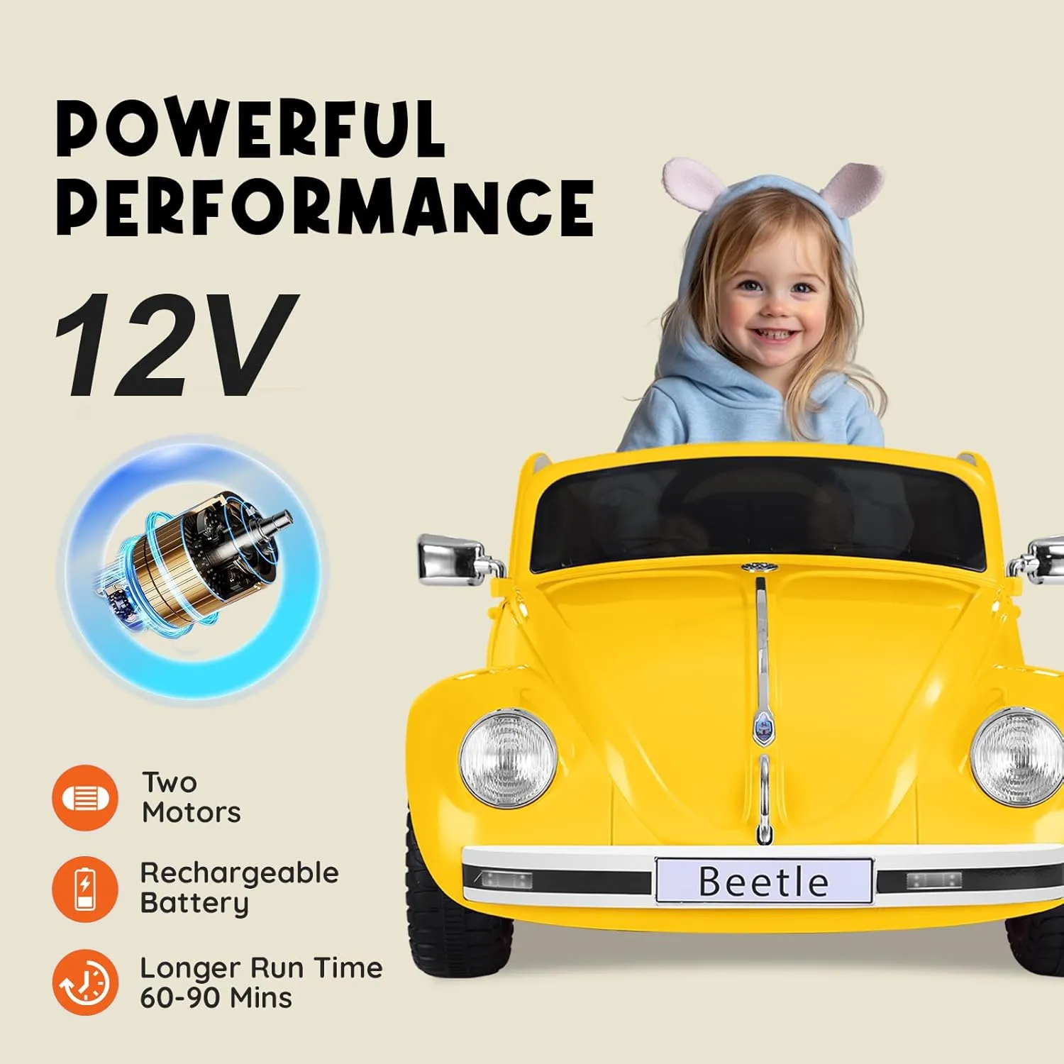 12V Electric Car for Toddlers, Licensed Volkswagen Beetle Ride on Car with Remote Control, LED Light, 3 Speeds, Music, Bluetooth, Ages 37-96 Months, Yellow