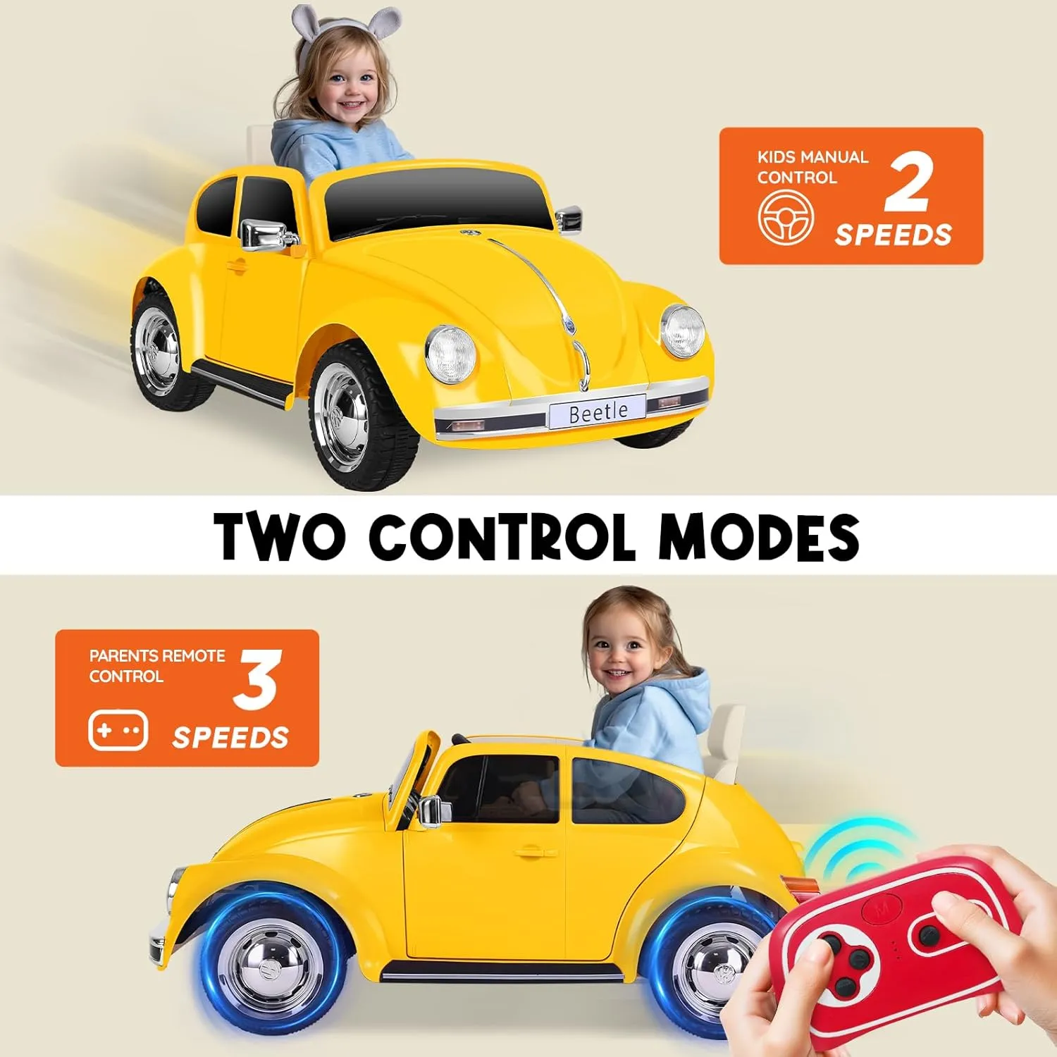 12V Electric Car for Toddlers, Licensed Volkswagen Beetle Ride on Car with Remote Control, LED Light, 3 Speeds, Music, Bluetooth, Ages 37-96 Months, Yellow