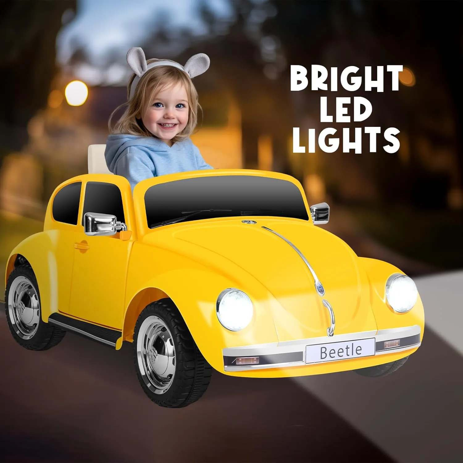 12V Electric Car for Toddlers, Licensed Volkswagen Beetle Ride on Car with Remote Control, LED Light, 3 Speeds, Music, Bluetooth, Ages 37-96 Months, Yellow