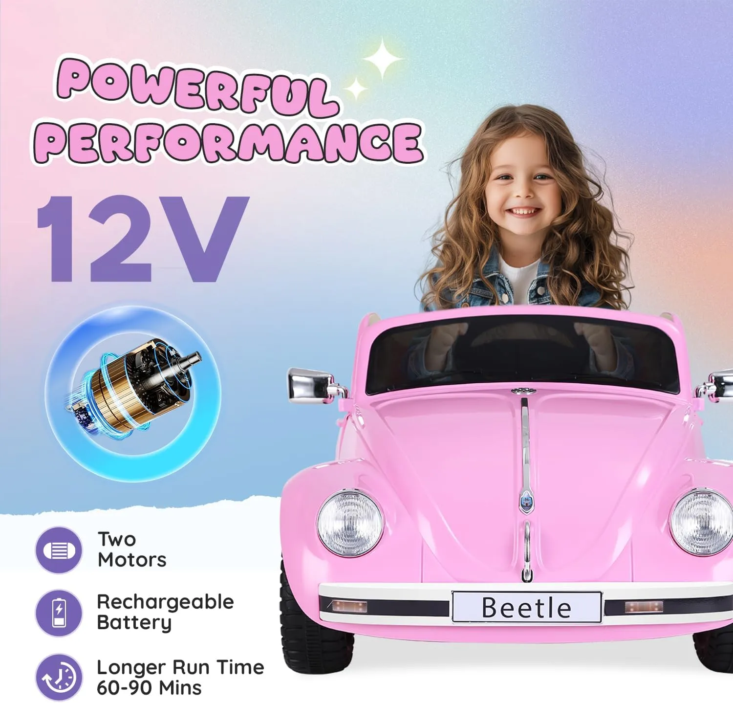 12V Kids Electric Car, Licensed Volkswagen Beetle Power Wheels with Remote Control, Ride on Car Toys with LED Light, 3 Speeds, Music, Pink