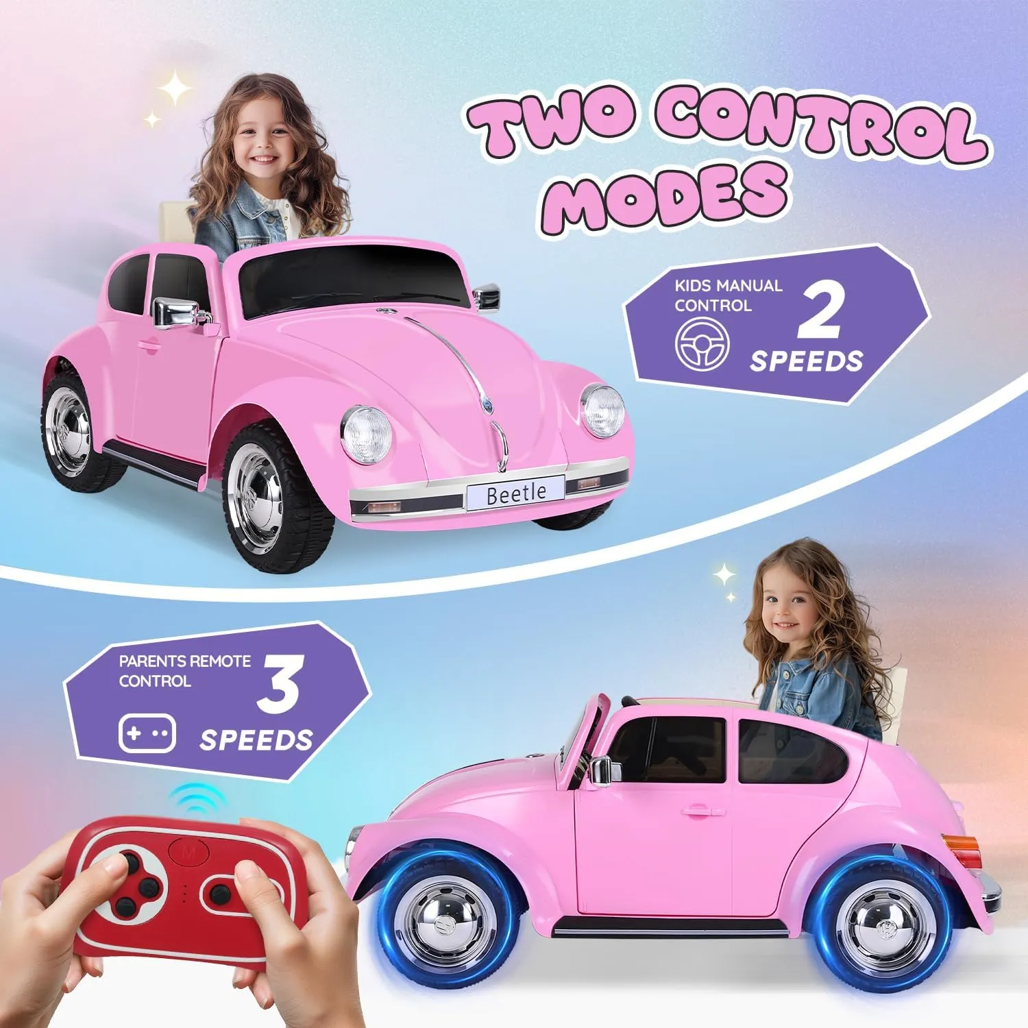 12V Kids Electric Car, Licensed Volkswagen Beetle Power Wheels with Remote Control, Ride on Car Toys with LED Light, 3 Speeds, Music, Pink