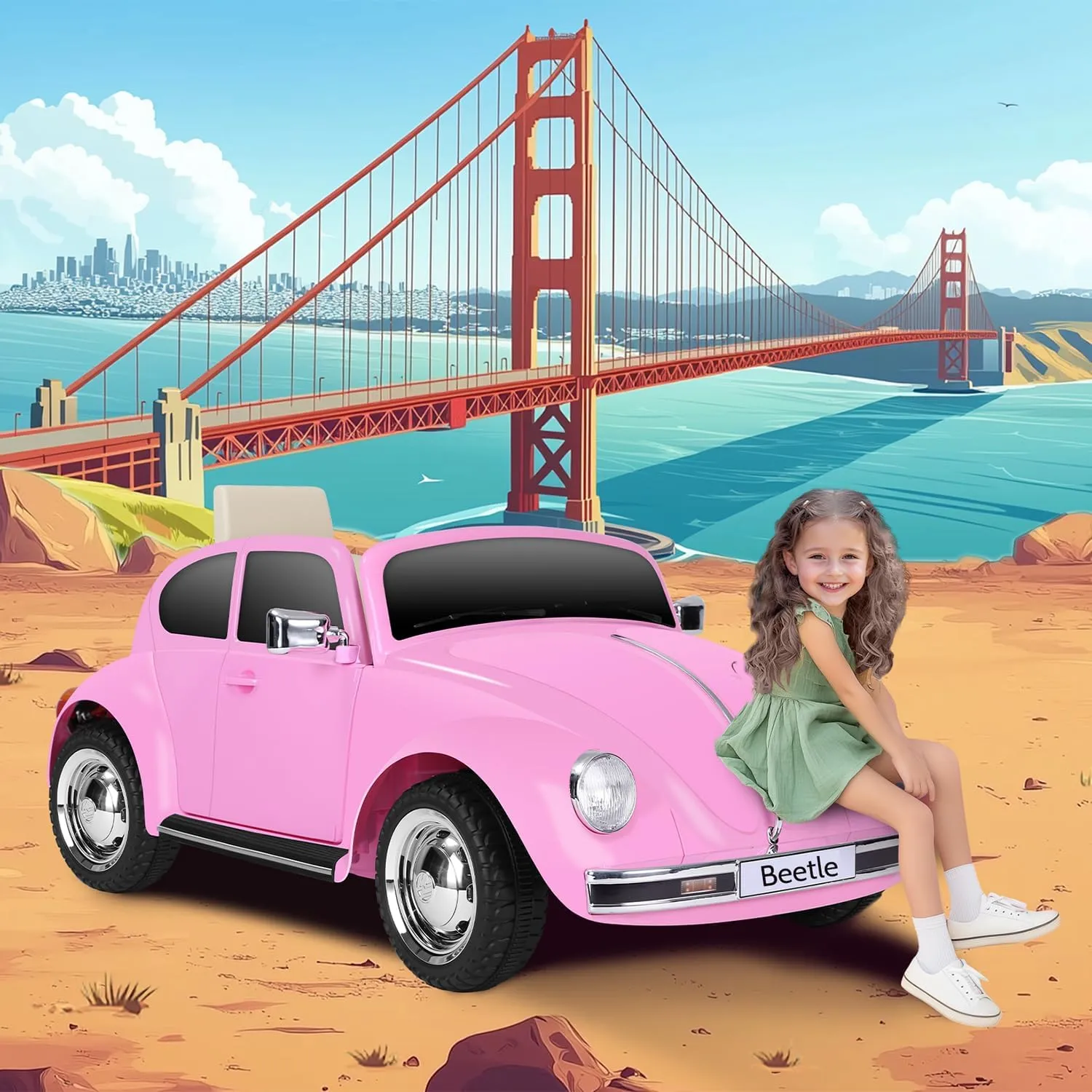 12V Kids Electric Car, Licensed Volkswagen Beetle Power Wheels with Remote Control, Ride on Car Toys with LED Light, 3 Speeds, Music, Pink