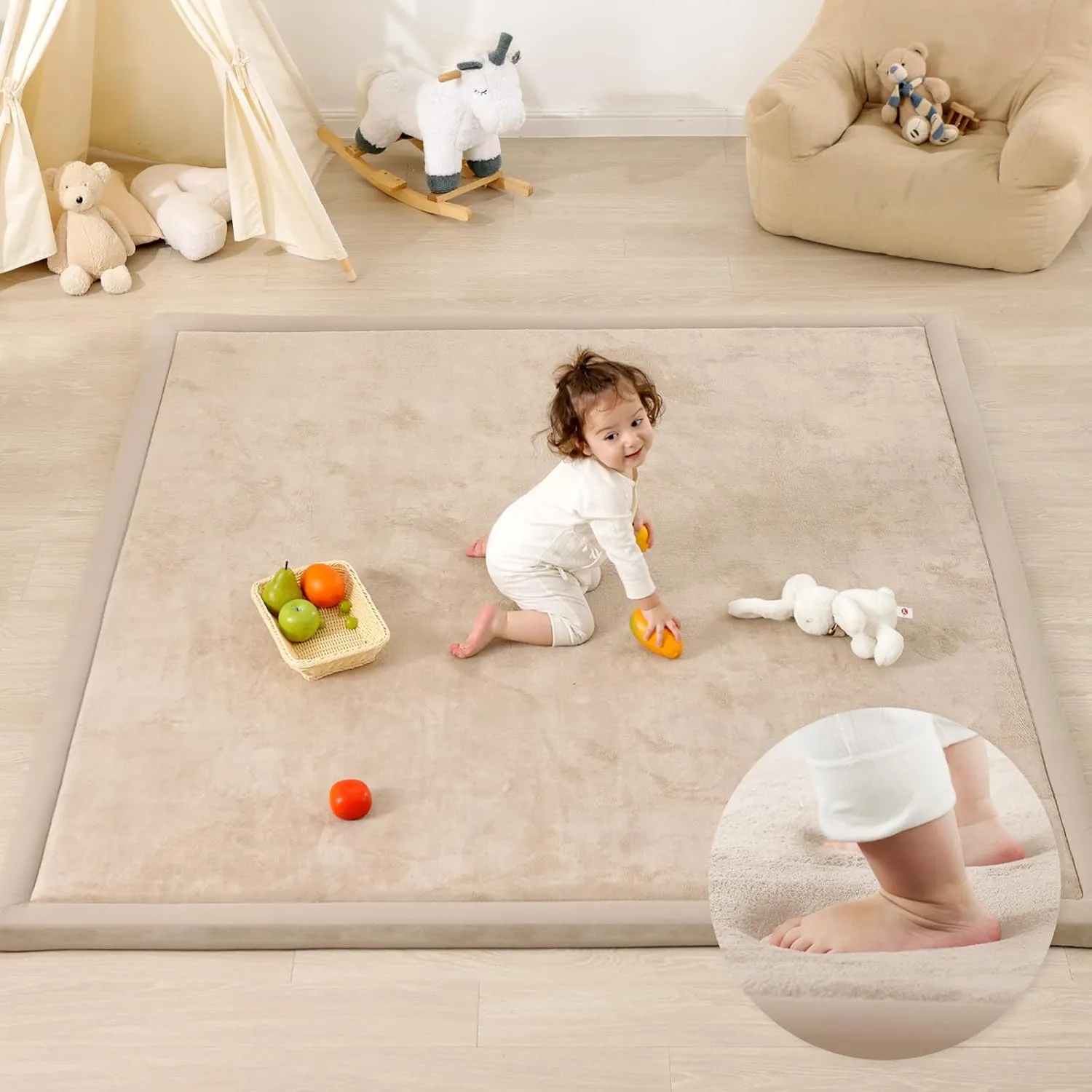 1.3" Thick Baby Play Mat,Ultra Soft Elasti-Foam 50×50 Playpen Mat for Tummy Time,Water-Repellent Coral Fleece Nursery Rug for Infants,Toddlers,Kids,Non-Slip Safe for Crawling(Beige)