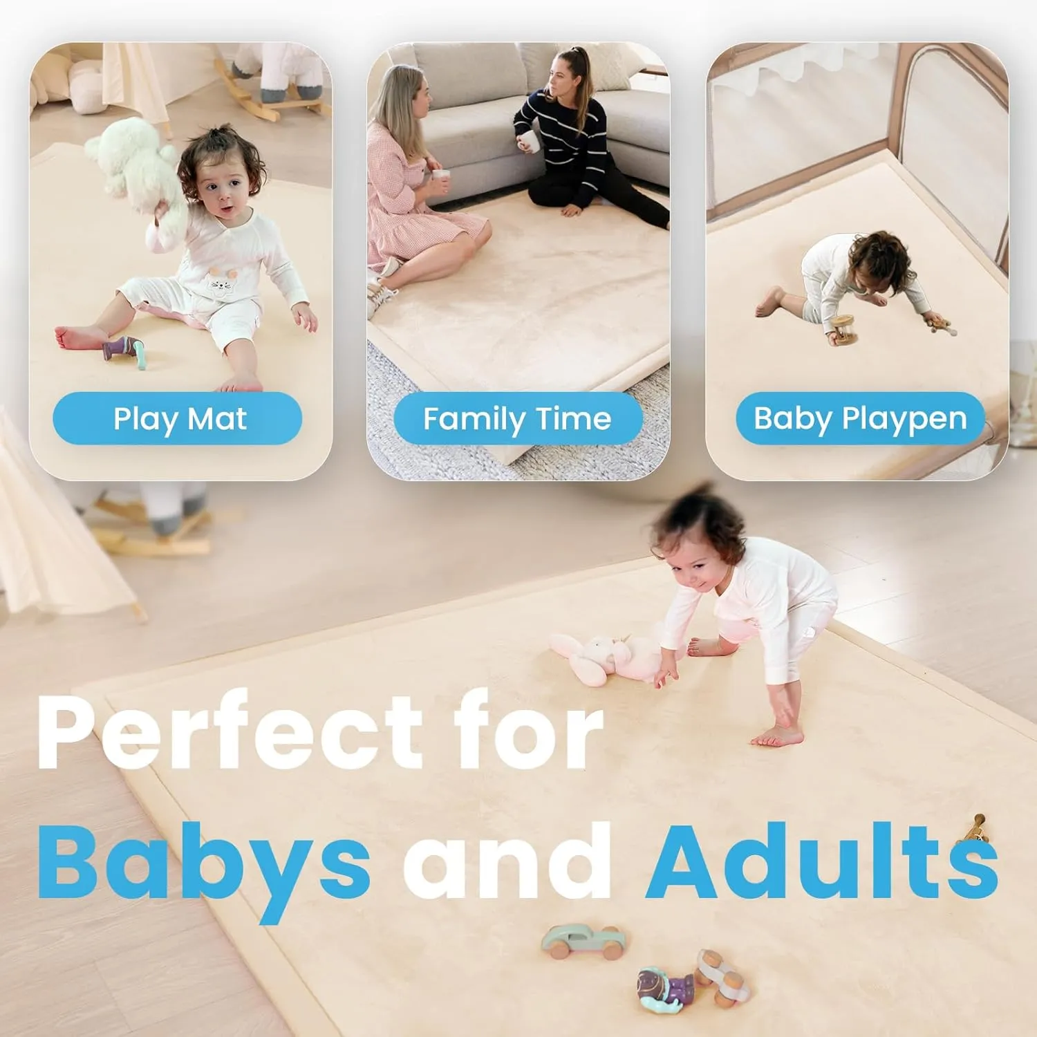 1.3" Thick Baby Play Mat,Ultra Soft Elasti-Foam 50×50 Playpen Mat for Tummy Time,Water-Repellent Coral Fleece Nursery Rug for Infants,Toddlers,Kids,Non-Slip Safe for Crawling(Beige)