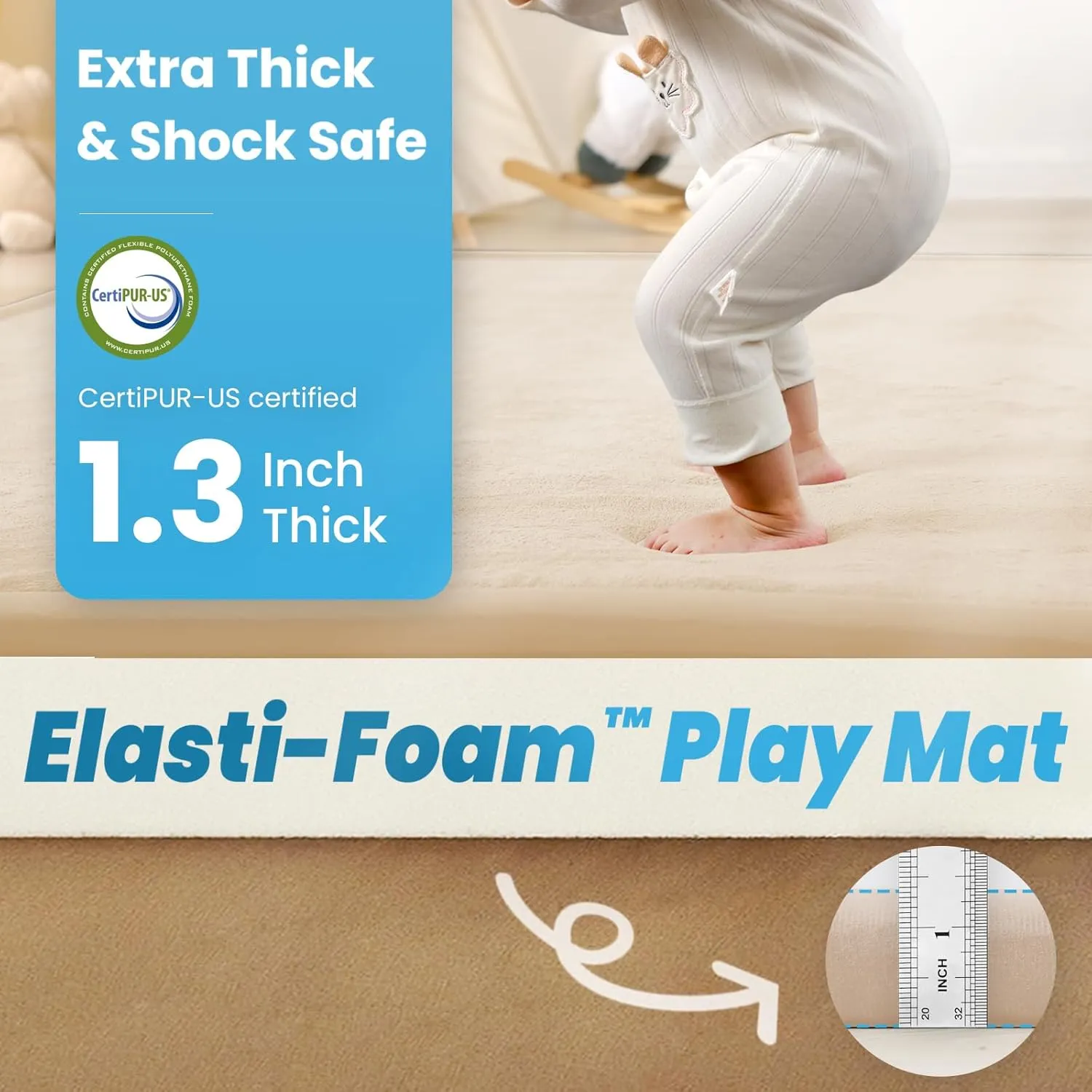 1.3" Thick Baby Play Mat,Ultra Soft Elasti-Foam 50×50 Playpen Mat for Tummy Time,Water-Repellent Coral Fleece Nursery Rug for Infants,Toddlers,Kids,Non-Slip Safe for Crawling(Beige)