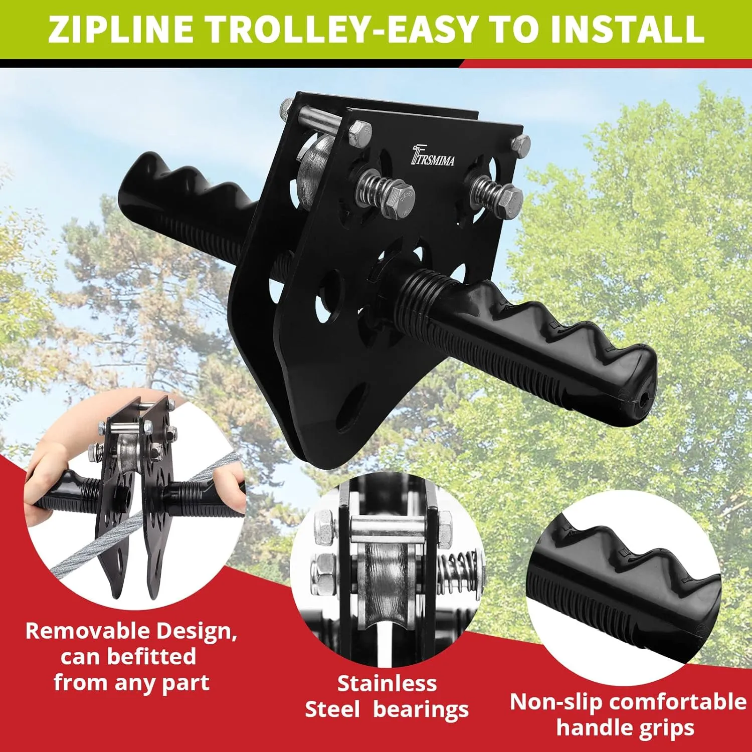 150/180/200 Feet Zip Line Kit for Kids and Adult Up to 330 lb with Zipline Spring Brake and Safety Harness, Zip line Trolley with Handle and Thickened Seat,for Backyard Playground Entertainment