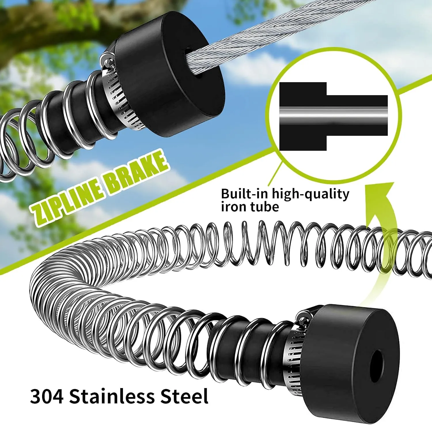 150/180/200 Feet Zip Line Kit for Kids and Adult Up to 330 lb with Zipline Spring Brake and Safety Harness, Zip line Trolley with Handle and Thickened Seat,for Backyard Playground Entertainment