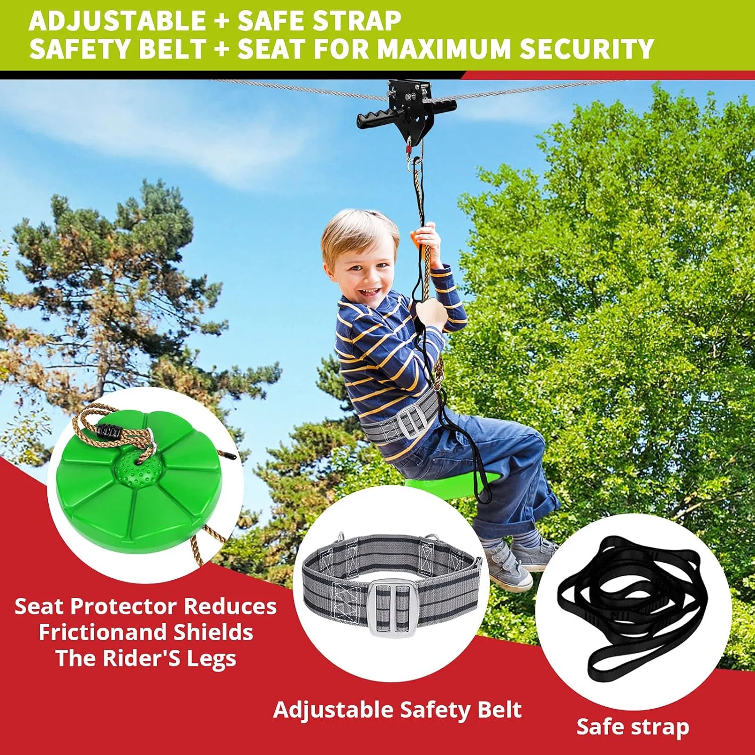 150/180/200 Feet Zip Line Kit for Kids and Adult Up to 330 lb with Zipline Spring Brake and Safety Harness, Zip line Trolley with Handle and Thickened Seat,for Backyard Playground Entertainment