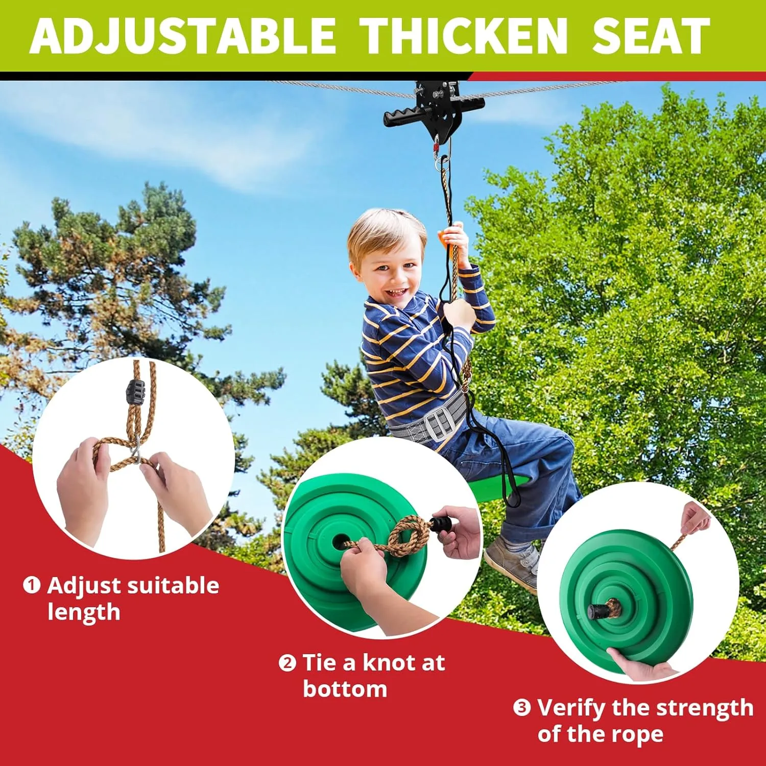 150/180/200 Feet Zip Line Kit for Kids and Adult Up to 330 lb with Zipline Spring Brake and Safety Harness, Zip line Trolley with Handle and Thickened Seat,for Backyard Playground Entertainment