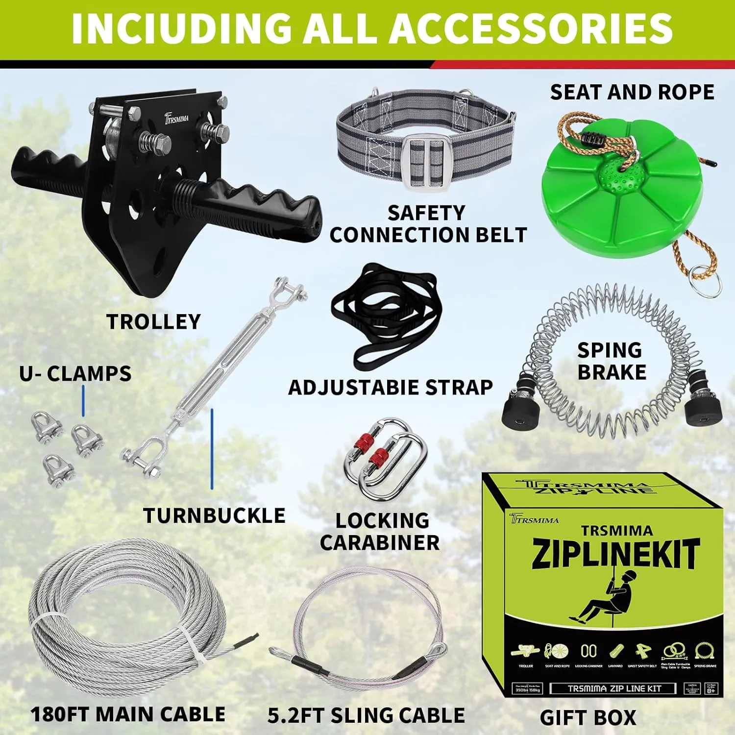 150/180/200 Feet Zip Line Kit for Kids and Adult Up to 330 lb with Zipline Spring Brake and Safety Harness, Zip line Trolley with Handle and Thickened Seat,for Backyard Playground Entertainment