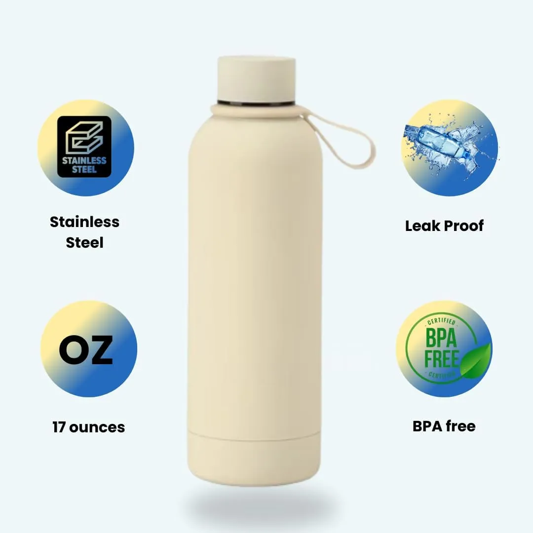 17 oz Stainless Steel Insulated Water Bottle - Double Wall Vacuum Insulated, Leakproof, BPA Free - Gym & Travel Bottle (Beige)