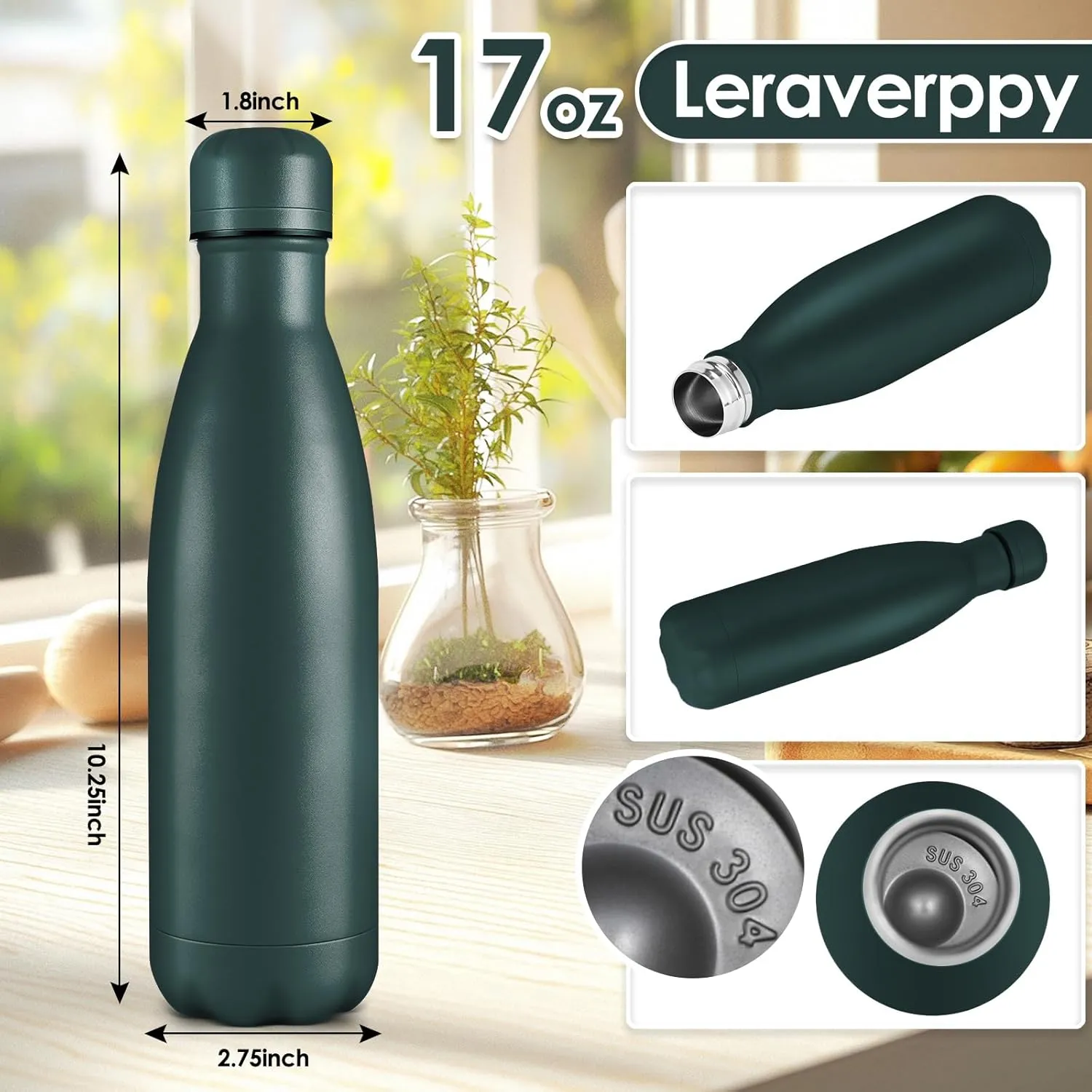 17oz Cola-Bottle Shaped Stainless Steel Leak-proof Water Bottle,Double Wall Vacuum Insulated Metal Thermos,Travel Mug For Sports Indoors & Outdoors,BPA-Free Kids Flasks,Army Green(4Pack)