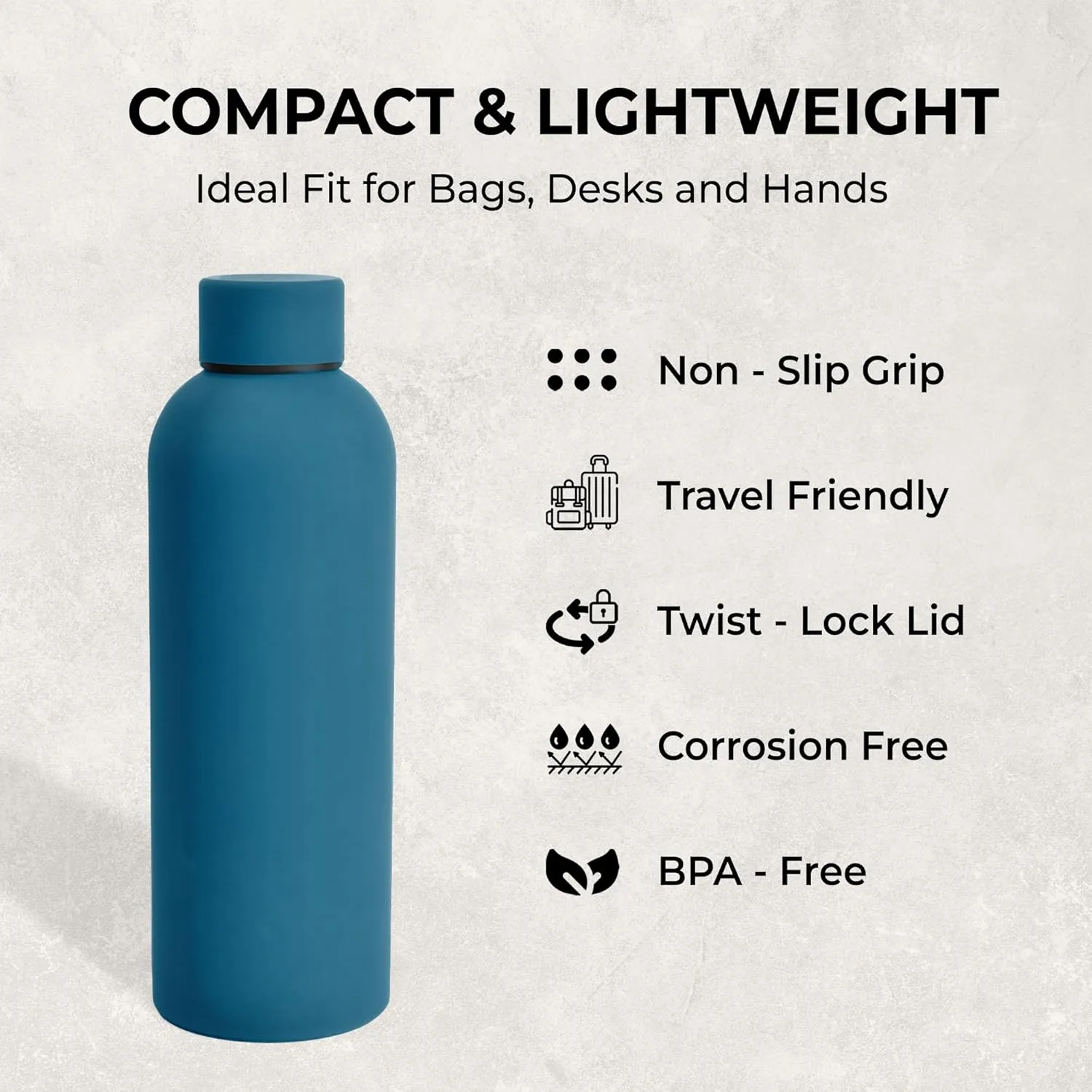 17oz Matte Finish Stainless Steel Water Bottle | Vacuum Insulated Travel Bottle |12 hrs Hot & 18 hrs Cold | Smooth Rubber Finish Water Bottle (Teal Blue)
