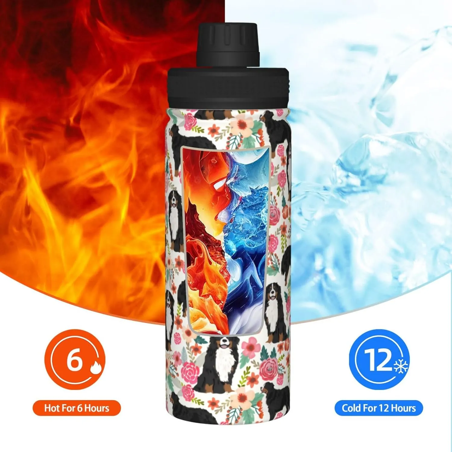 18 Oz Stainless Steel Vacuum Insulated Sports Water Bottles - Cute Bernese Mountain Dog Rose Flowers Florals Print Cups With Flip, Spout And Handle Lid Spill-Proof Thermos Mugs For School Travel Gifts