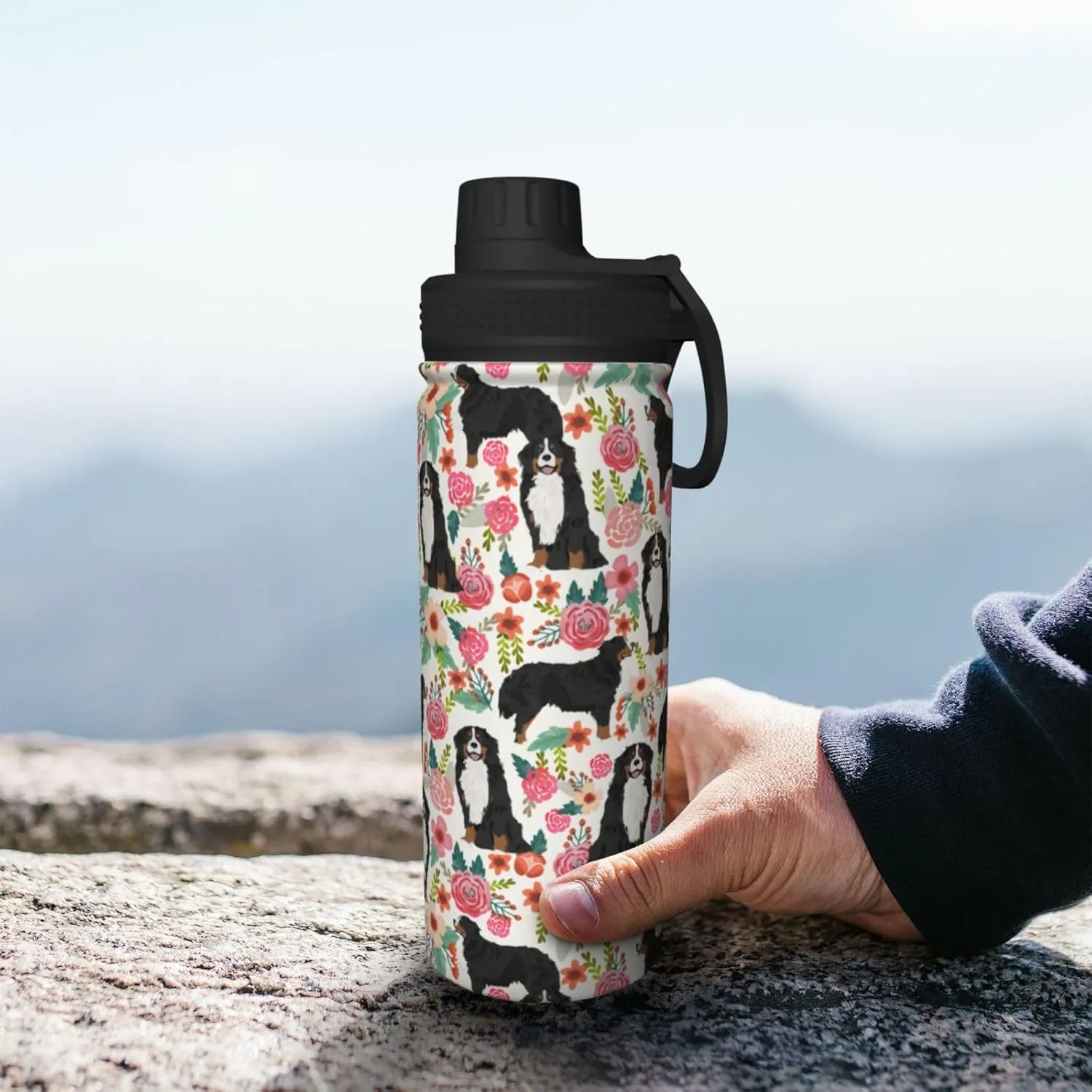 18 Oz Stainless Steel Vacuum Insulated Sports Water Bottles - Cute Bernese Mountain Dog Rose Flowers Florals Print Cups With Flip, Spout And Handle Lid Spill-Proof Thermos Mugs For School Travel Gifts