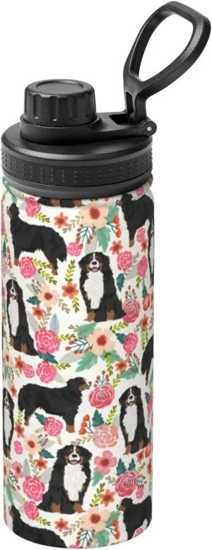 18 Oz Stainless Steel Vacuum Insulated Sports Water Bottles - Cute Bernese Mountain Dog Rose Flowers Florals Print Cups With Flip, Spout And Handle Lid Spill-Proof Thermos Mugs For School Travel Gifts