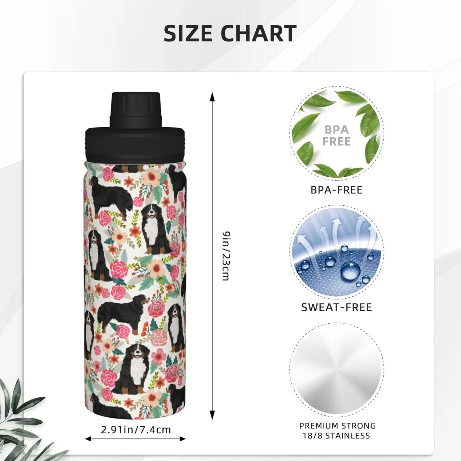 18 Oz Stainless Steel Vacuum Insulated Sports Water Bottles - Cute Bernese Mountain Dog Rose Flowers Florals Print Cups With Flip, Spout And Handle Lid Spill-Proof Thermos Mugs For School Travel Gifts
