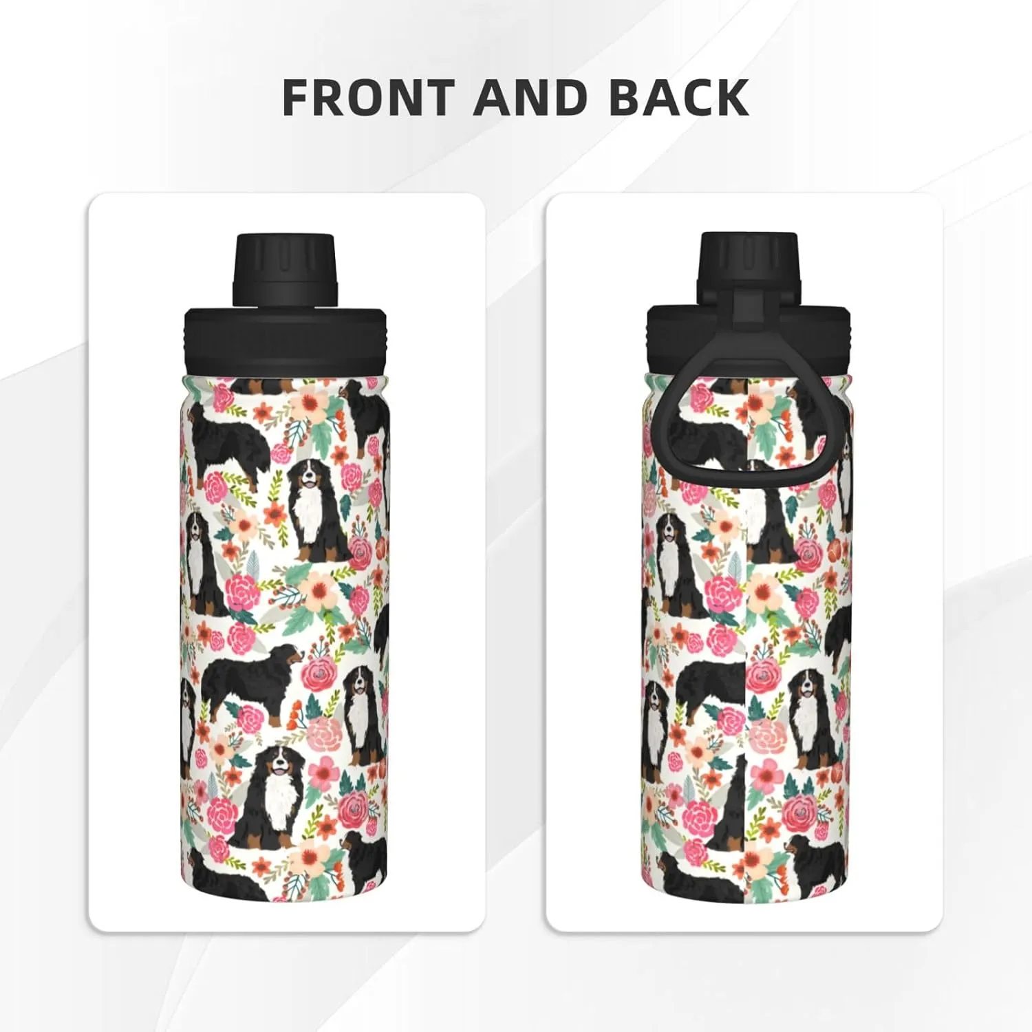 18 Oz Stainless Steel Vacuum Insulated Sports Water Bottles - Cute Bernese Mountain Dog Rose Flowers Florals Print Cups With Flip, Spout And Handle Lid Spill-Proof Thermos Mugs For School Travel Gifts
