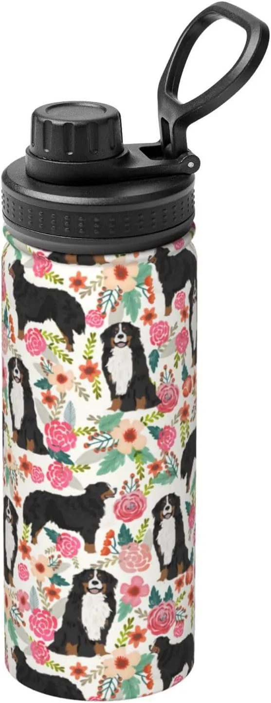 18 Oz Stainless Steel Vacuum Insulated Sports Water Bottles - Cute Bernese Mountain Dog Rose Flowers Florals Print Cups With Flip, Spout And Handle Lid Spill-Proof Thermos Mugs For School Travel Gifts