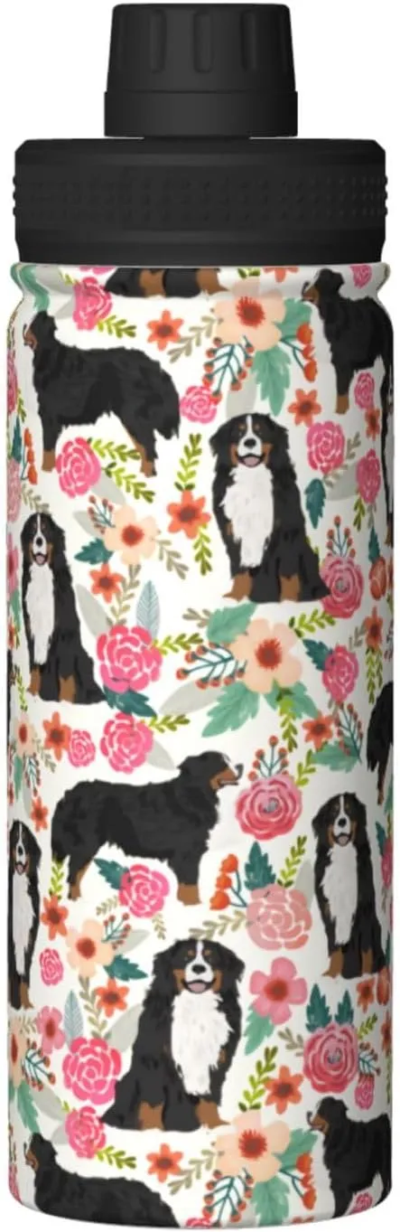 18 Oz Stainless Steel Vacuum Insulated Sports Water Bottles - Cute Bernese Mountain Dog Rose Flowers Florals Print Cups With Flip, Spout And Handle Lid Spill-Proof Thermos Mugs For School Travel Gifts