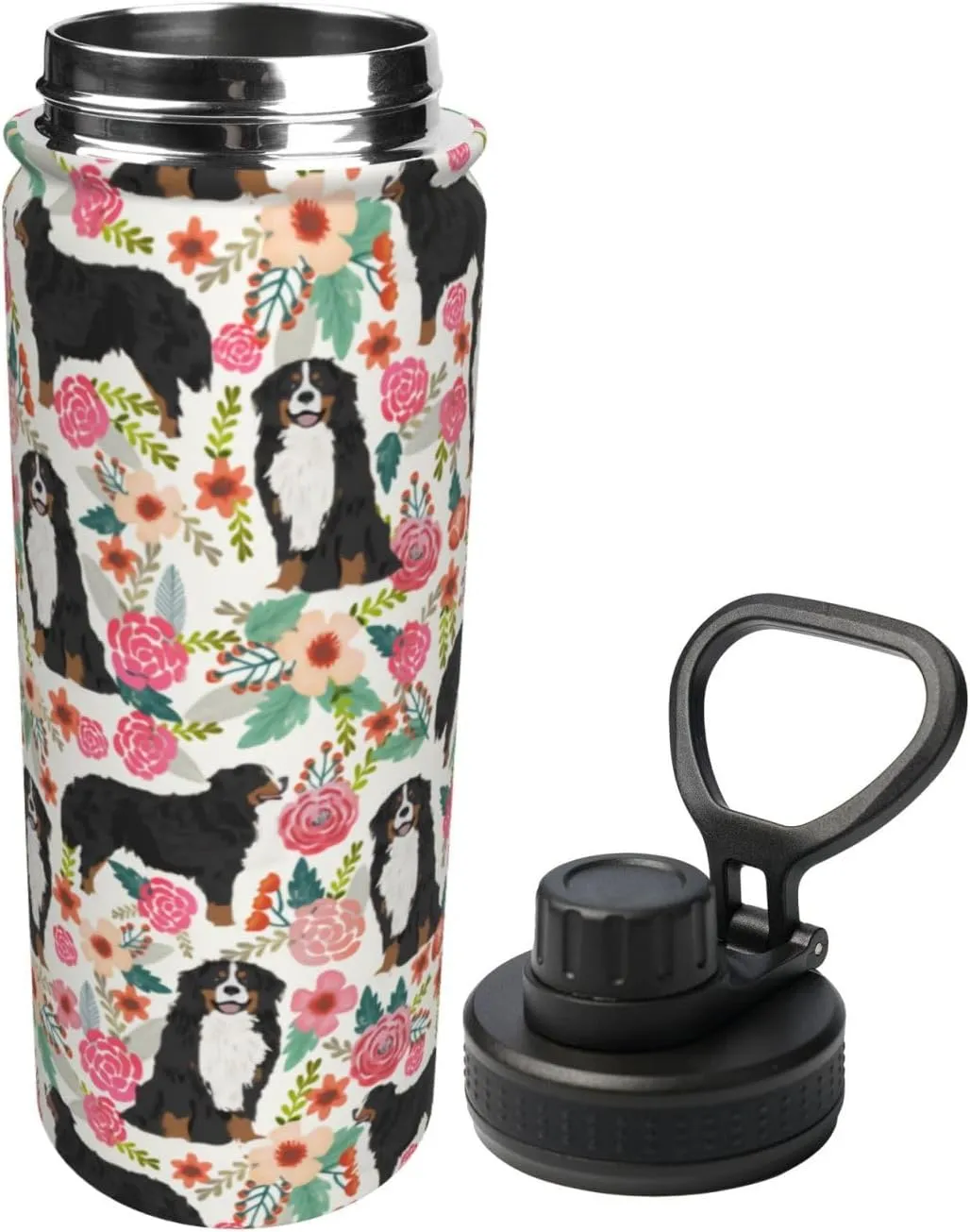 18 Oz Stainless Steel Vacuum Insulated Sports Water Bottles - Cute Bernese Mountain Dog Rose Flowers Florals Print Cups With Flip, Spout And Handle Lid Spill-Proof Thermos Mugs For School Travel Gifts