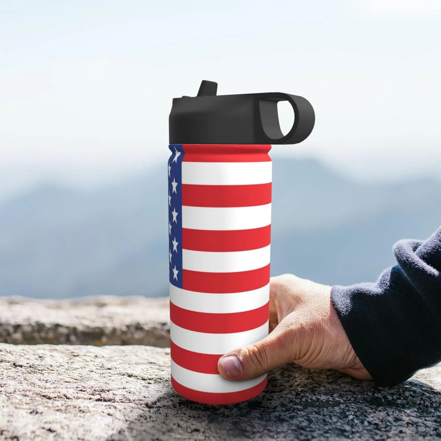 18oz USA Flag Insulated Water Bottles With Straw, Stars and Stripes Steel Double Walled Vacuum Sports Water Bottle for School