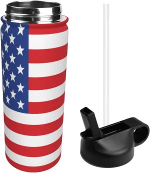 18oz USA Flag Insulated Water Bottles With Straw, Stars and Stripes Steel Double Walled Vacuum Sports Water Bottle for School