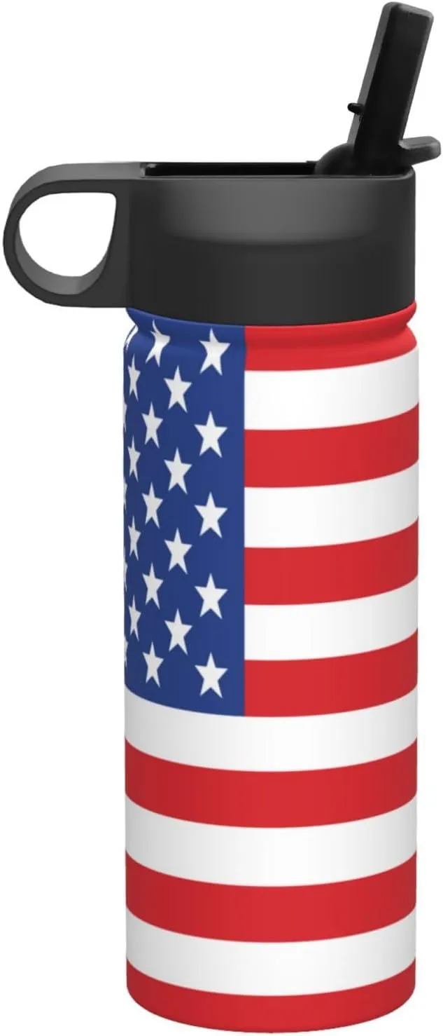 18oz USA Flag Insulated Water Bottles With Straw, Stars and Stripes Steel Double Walled Vacuum Sports Water Bottle for School
