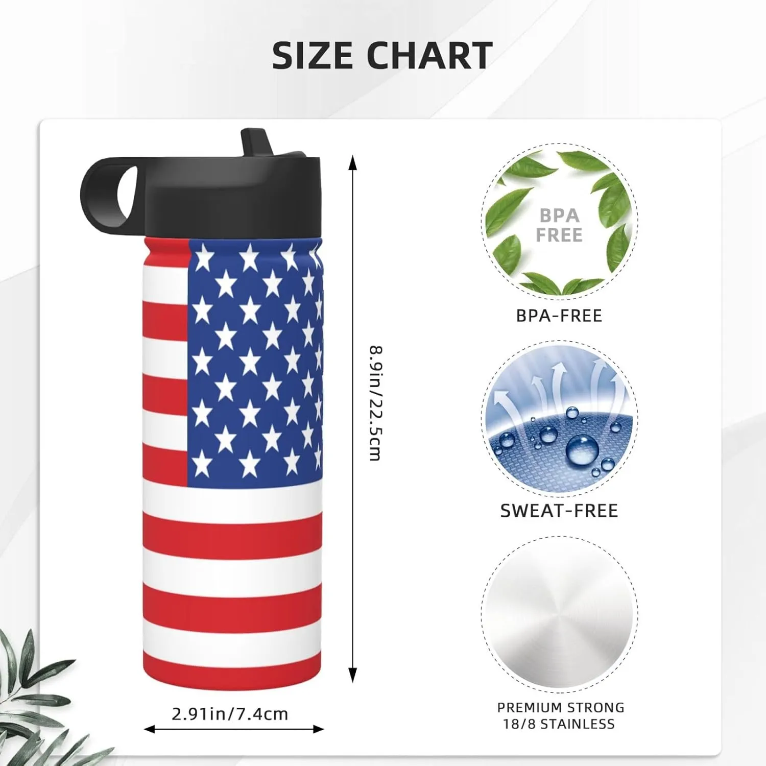 18oz USA Flag Insulated Water Bottles With Straw, Stars and Stripes Steel Double Walled Vacuum Sports Water Bottle for School